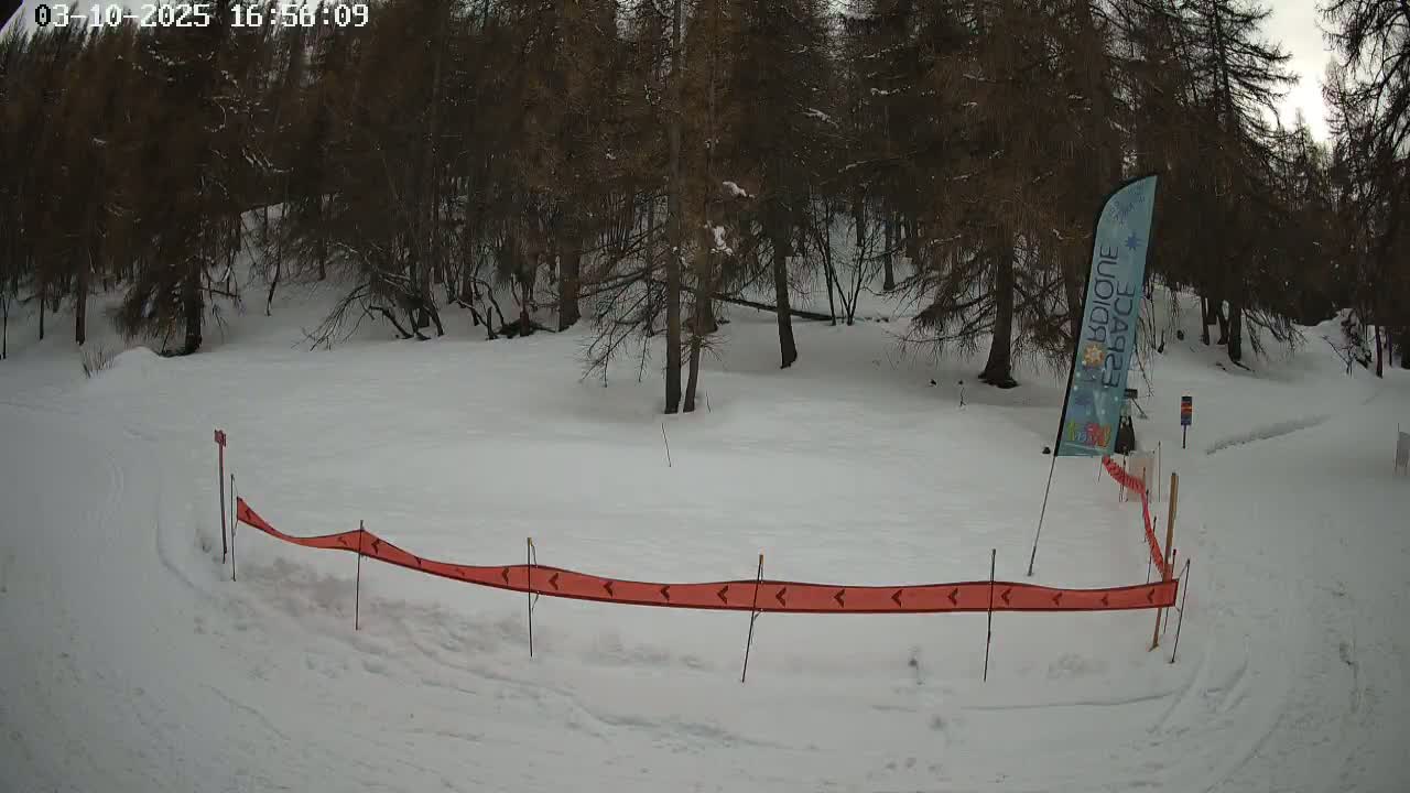A snow-covered area with a red directional barrier and a tall, thin advertisement banner is surrounded by a dark forest under a cloudy sky.
