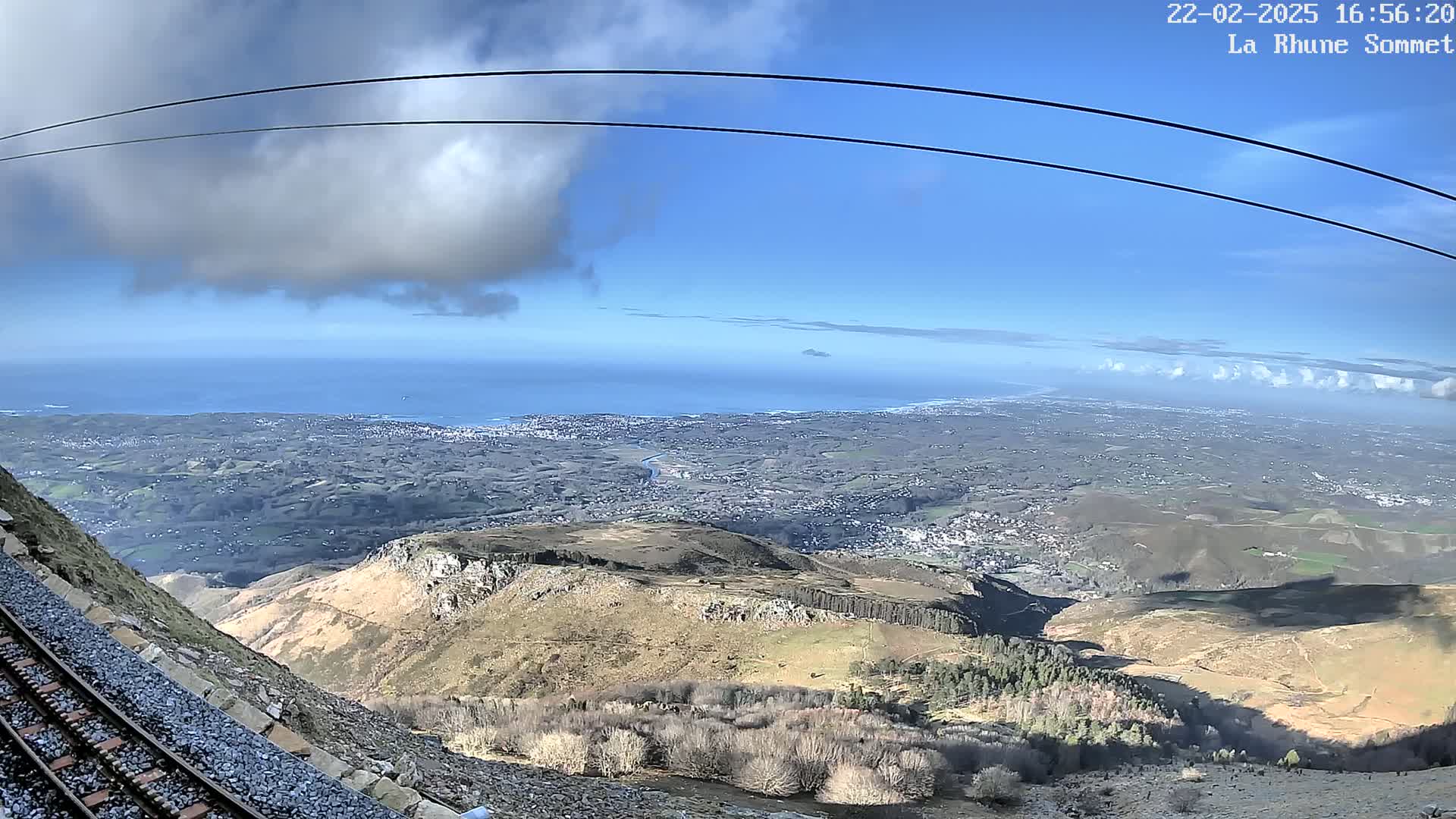 A mountaintop view on a partly cloudy day shows a vast expanse of land and ocean, with a railway track visible in the foreground.