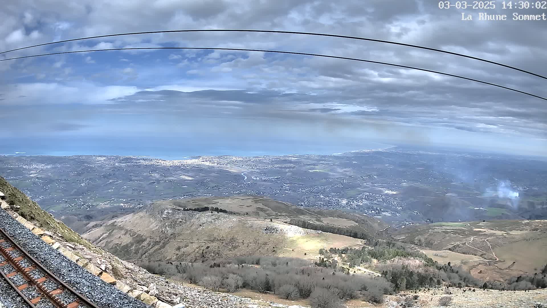 A mountaintop view shows a coastal city sprawling into the distance under a partly cloudy sky, with a train track visible in the foreground.