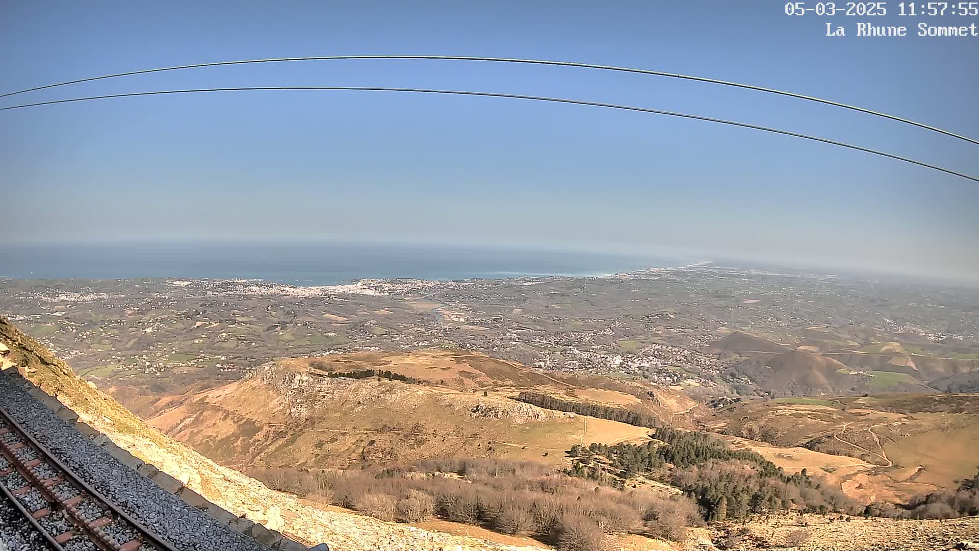 A mountaintop view on a clear day shows a vast expanse of land, a distant ocean, and a railway track descending from the viewpoint.