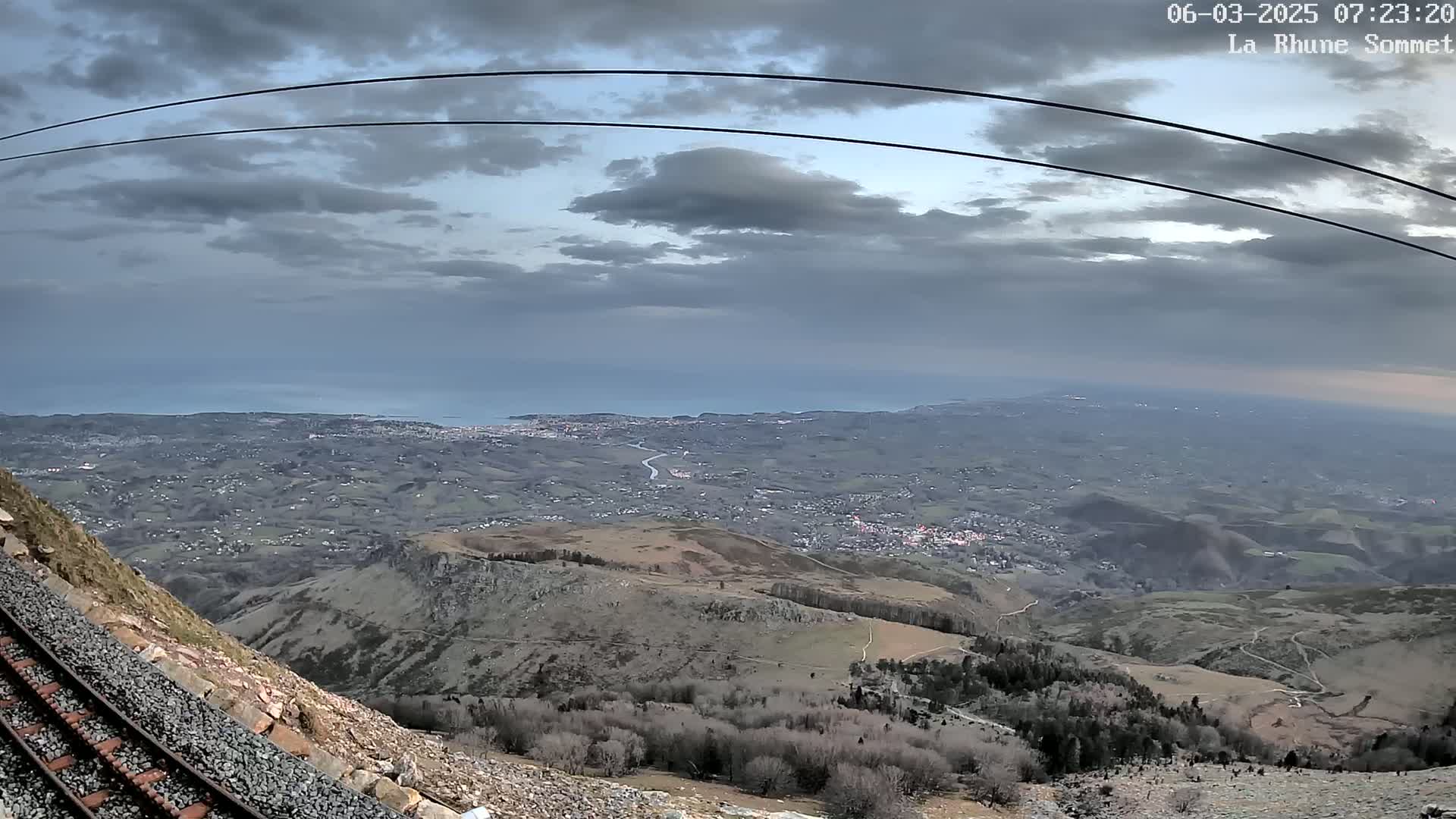 A mountaintop view under a cloudy sky shows a distant ocean, a sprawling landscape, and a railway track descending the mountain.