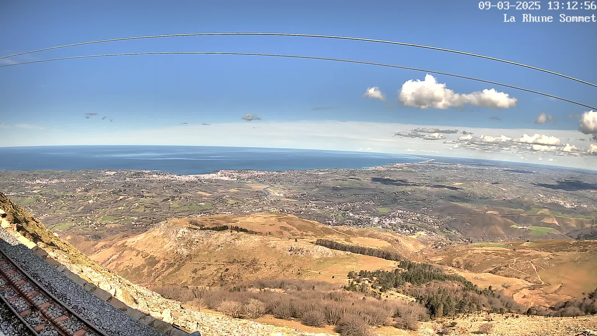 A mountaintop view on a partly sunny day reveals a vast expanse of land, a coastline, and the ocean beyond, with a railway track visible in the foreground.