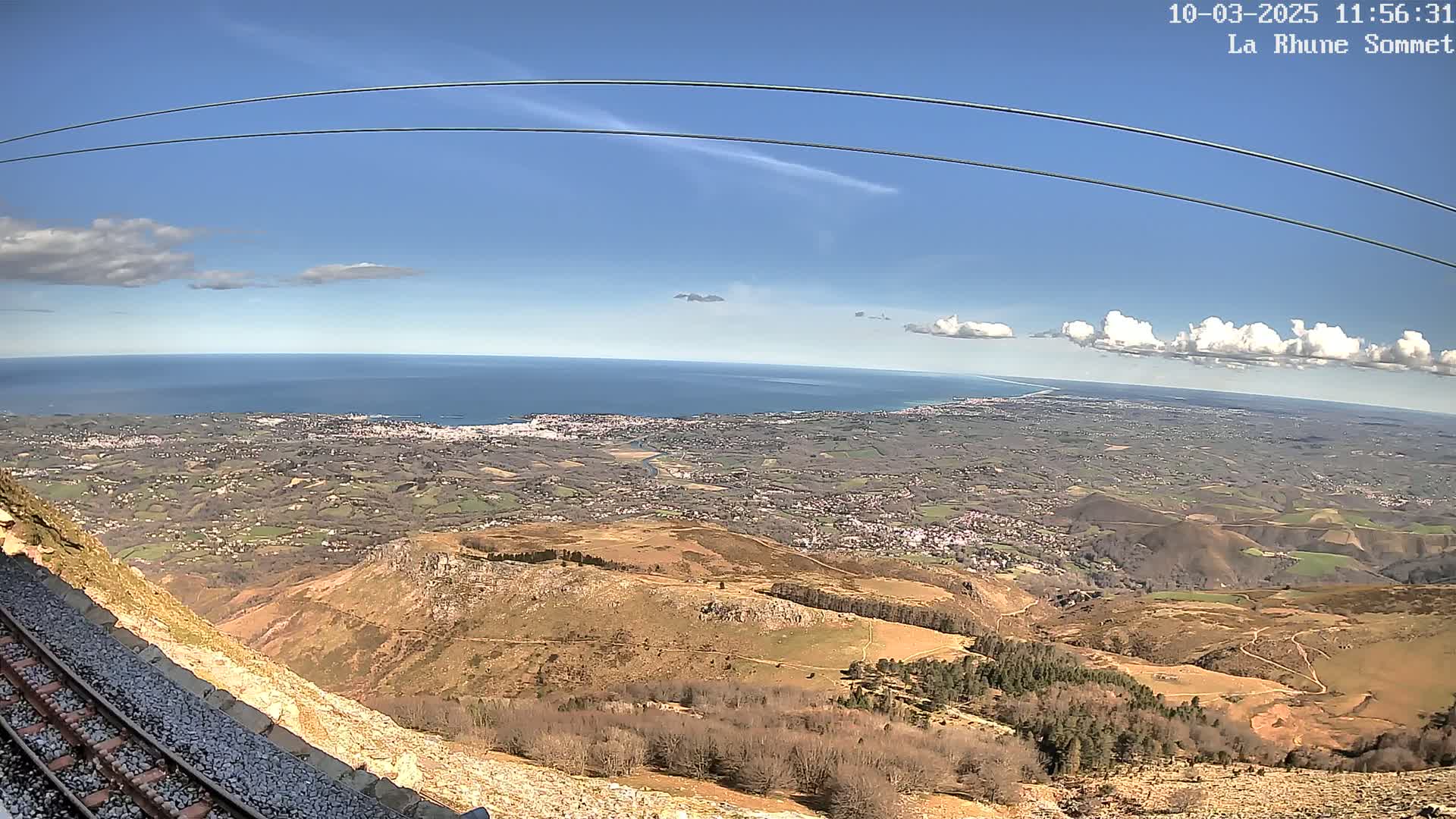 A mountaintop view on a partly sunny day shows a vast expanse of land stretching to a distant ocean, with a train track visible in the foreground.