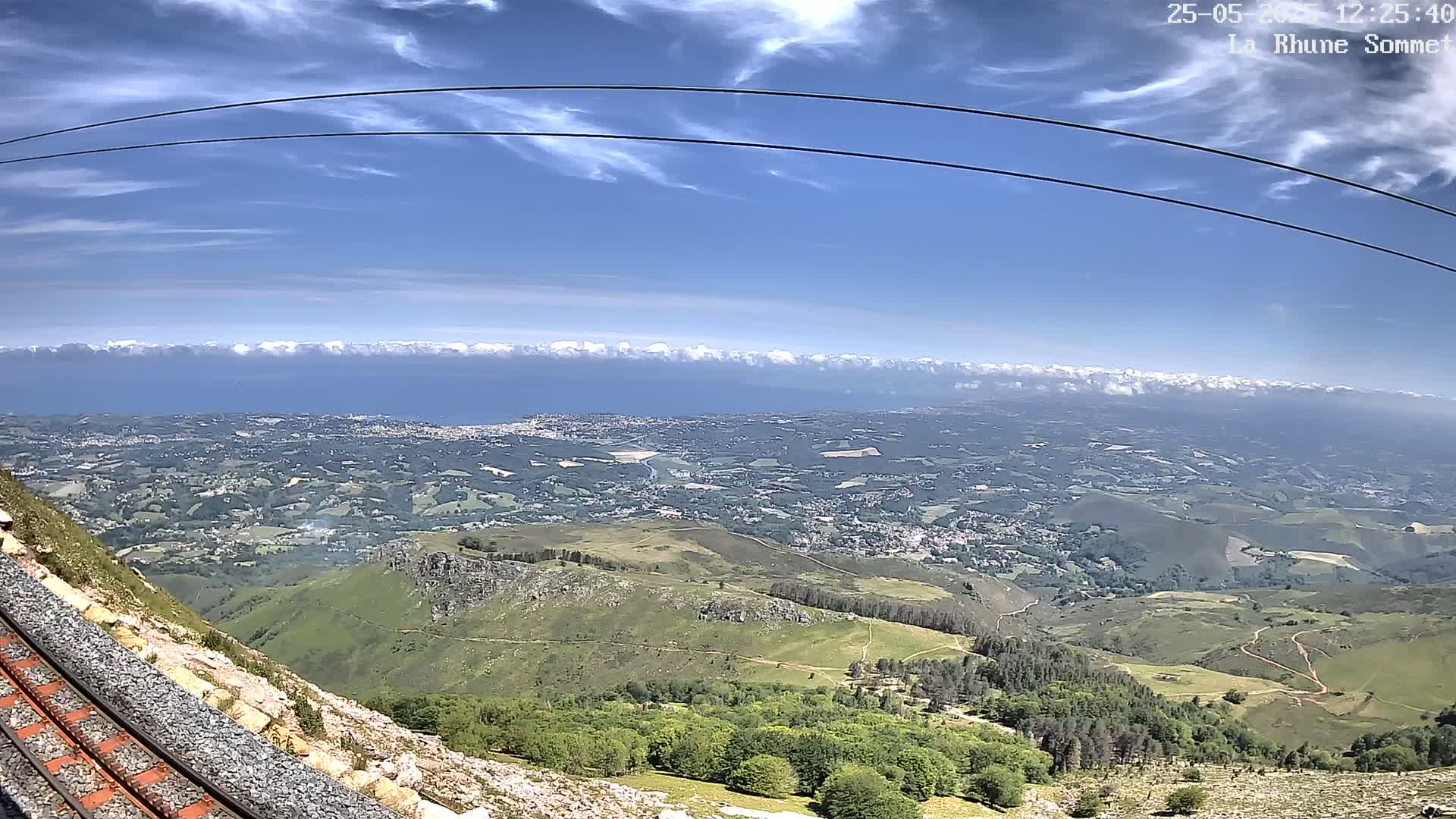 A mountaintop view on a partly cloudy day shows a vast expanse of green hills and valleys extending to a distant coastline and ocean under a mostly clear blue sky, with train tracks visible in the foreground.