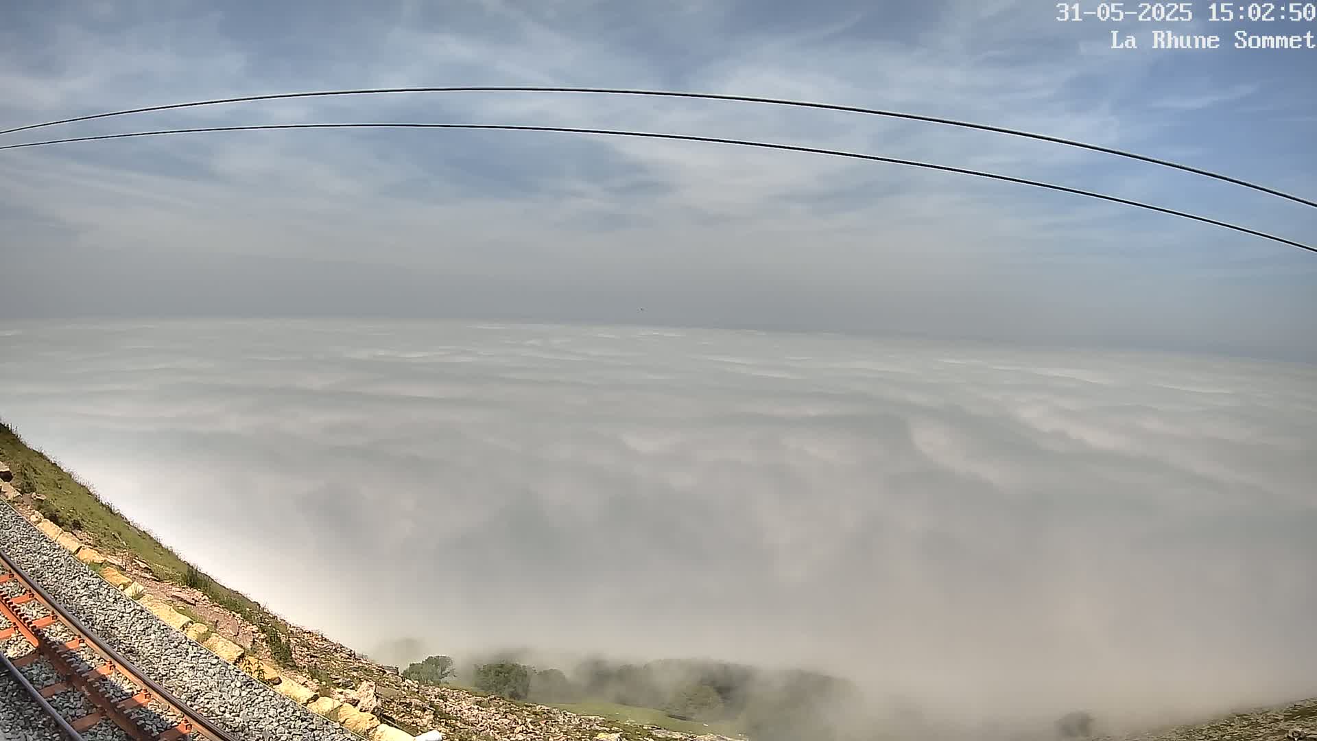 A mountainside railway track overlooks a vast expanse of low-lying clouds under a partly cloudy sky.