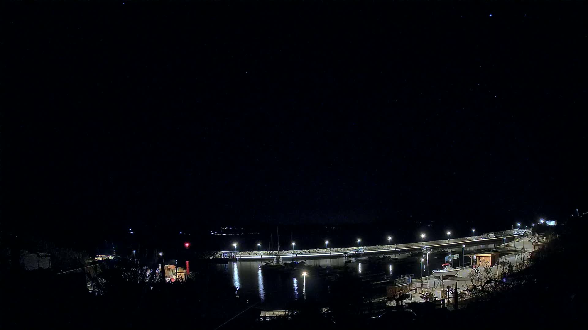A nighttime view of a harbor with boats, lit by streetlights under a clear, starry sky.