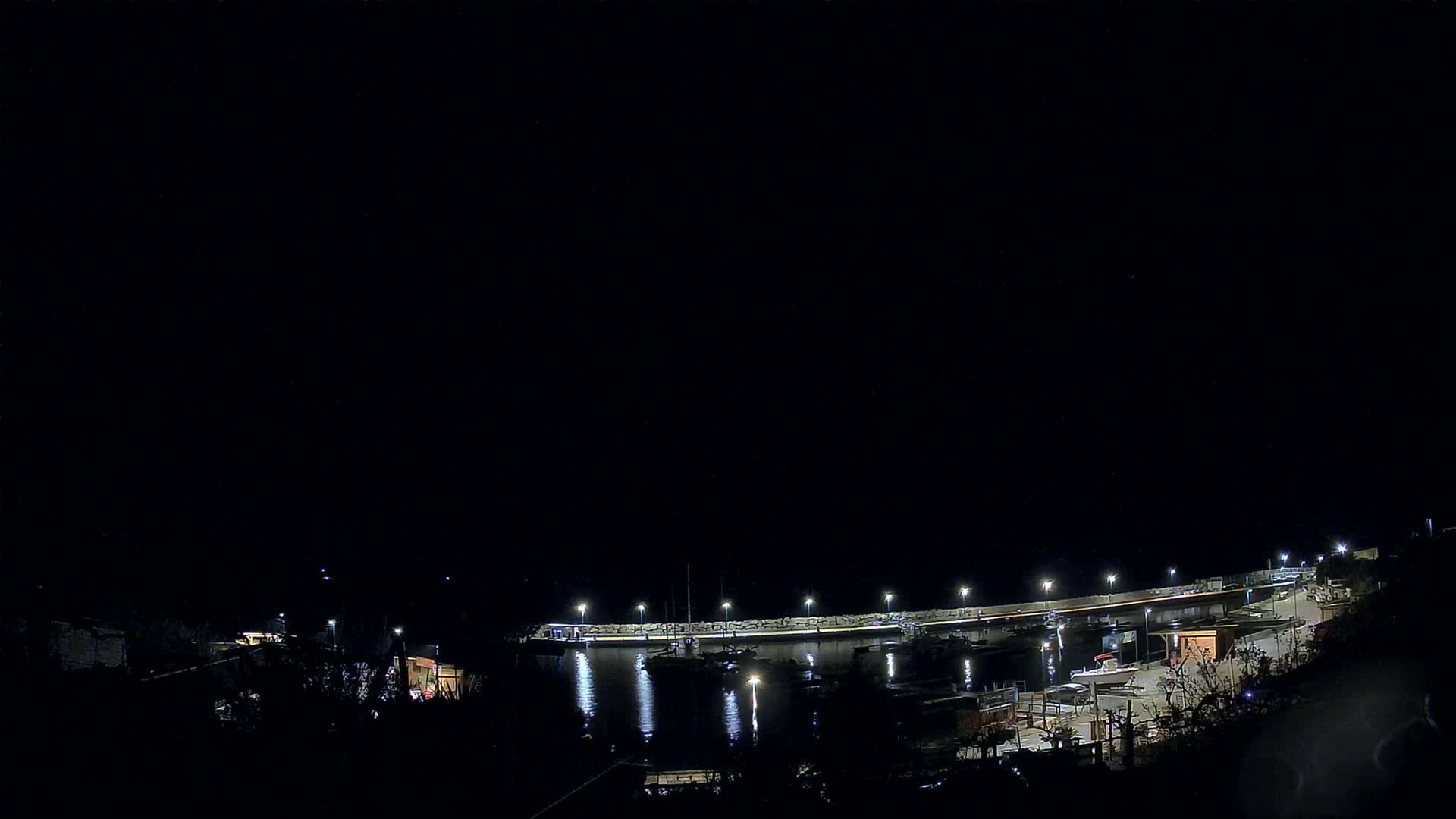 A nighttime, low-angle view of a harbor with several boats docked, illuminated by artificial lights under a clear, dark sky.