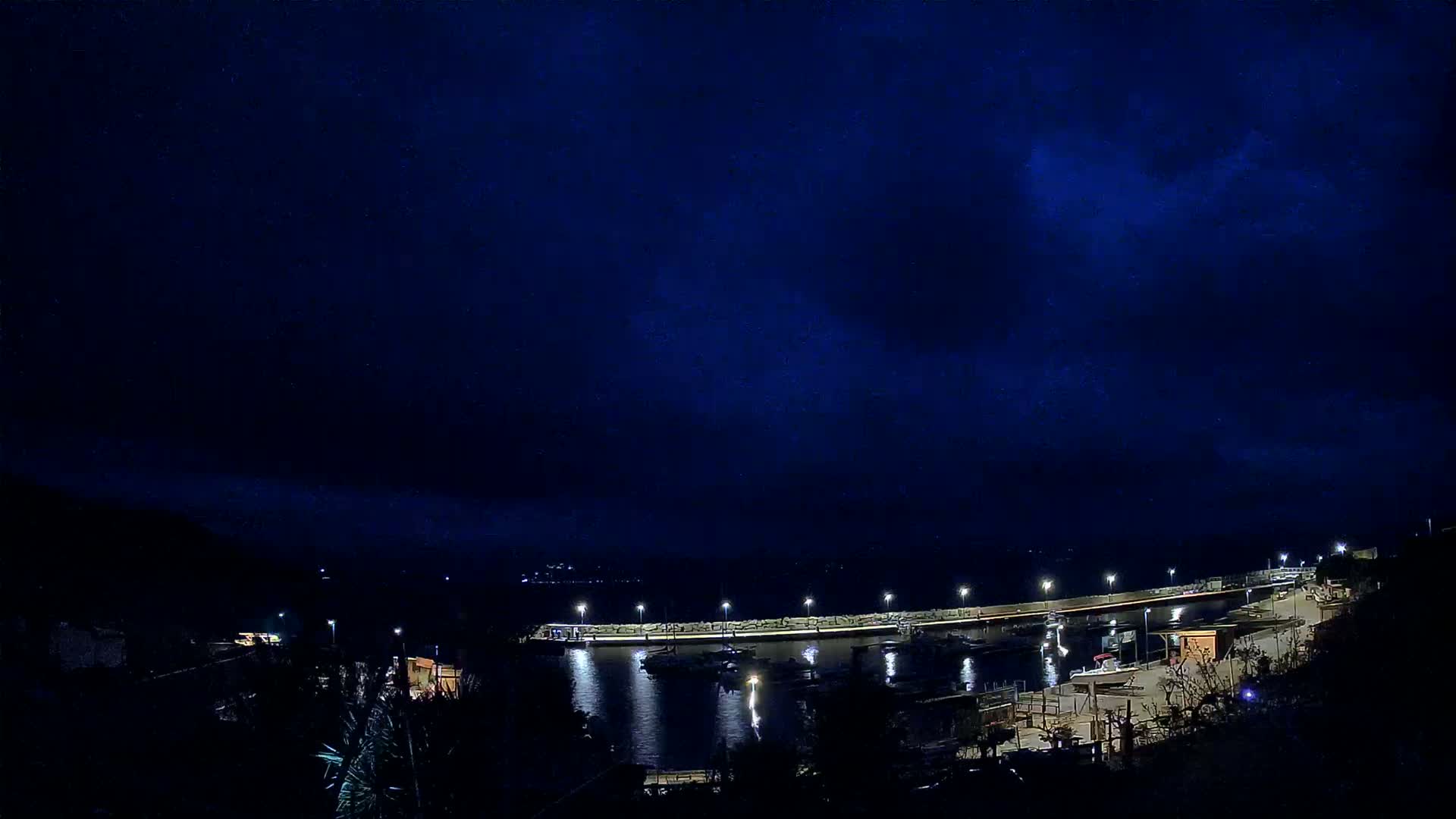 A nighttime view of a harbor with boats, illuminated by streetlights under a dark, cloudy sky.