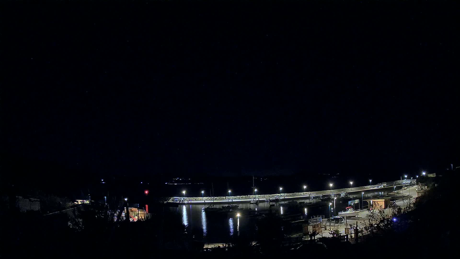 A nighttime view of a marina with boats docked, lit by lampposts under a clear, dark sky.