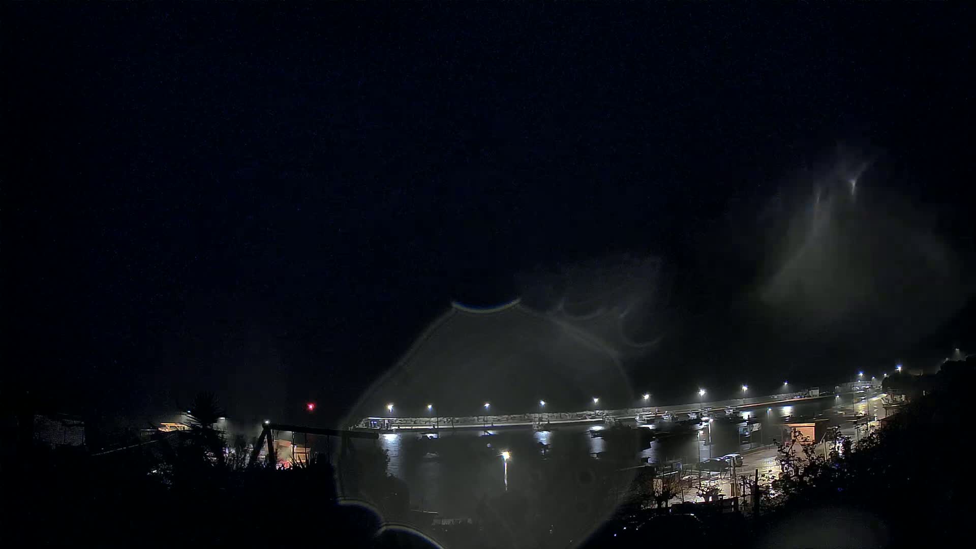 A nighttime view of a harbor with boats, lit by streetlights, under a dark, foggy sky.