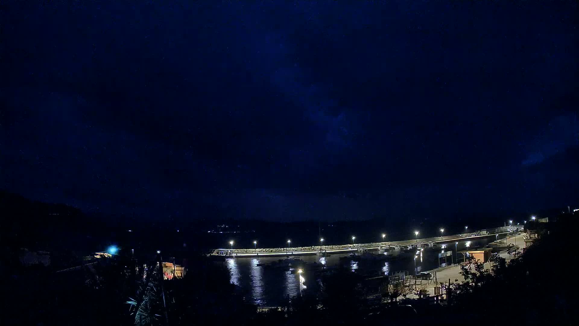 A nighttime view of a harbor with boats docked under a dark, mostly clear sky.