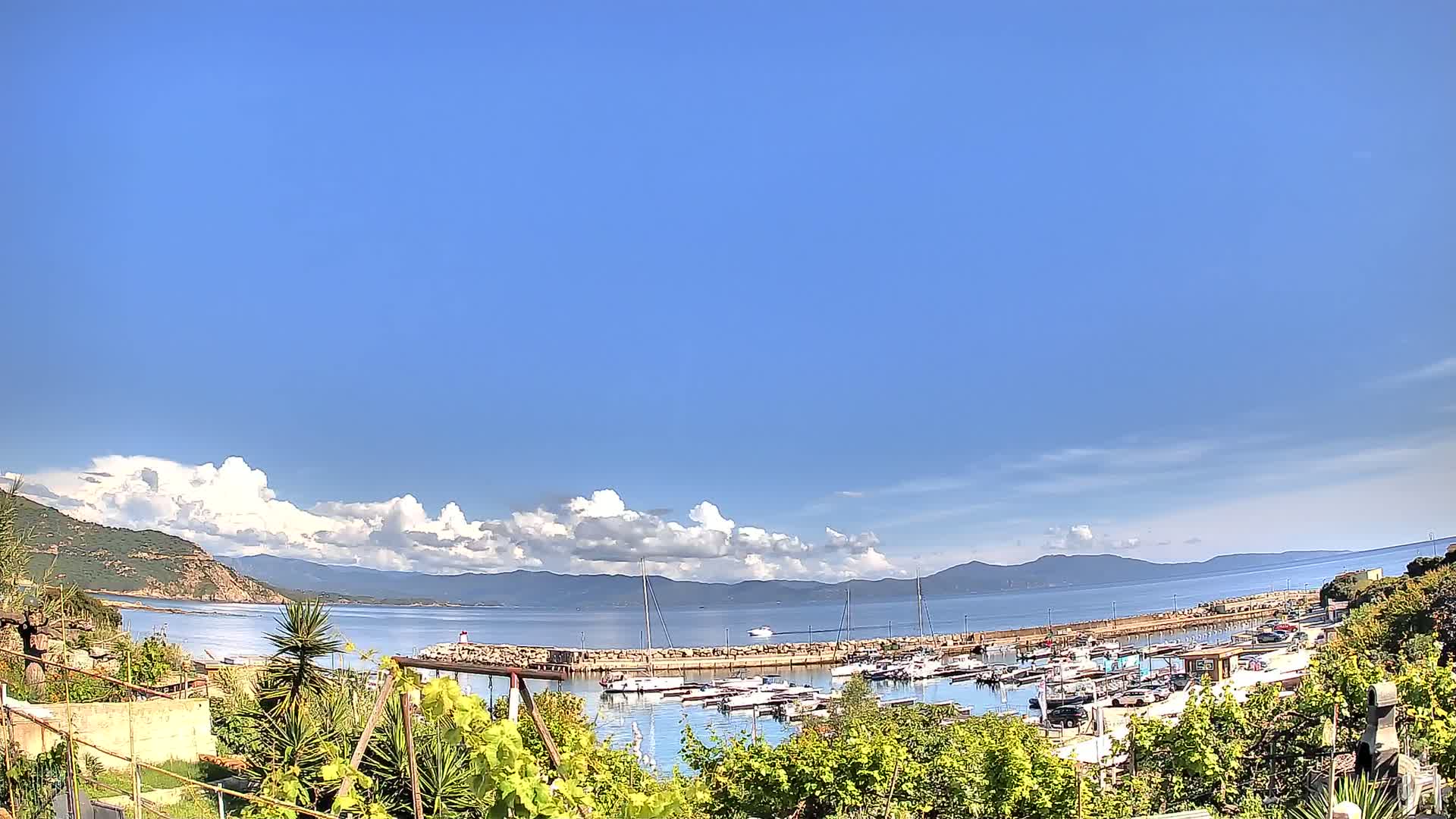 A partly cloudy blue sky overlooks a calm bay with a harbor full of boats, mountains in the background, and green vegetation in the foreground.