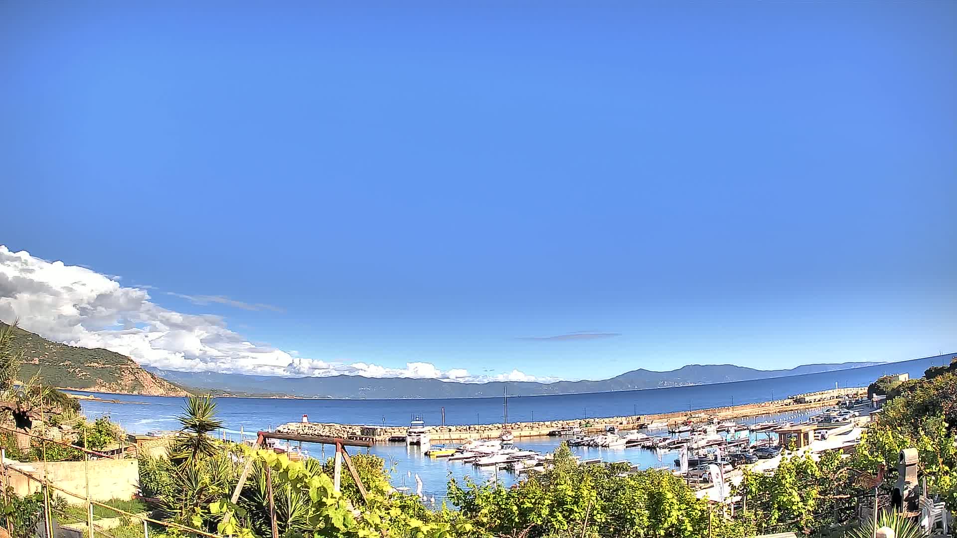 A small harbor filled with boats is nestled between a green hillside and a calm blue sea under a mostly clear sky with some fluffy clouds.