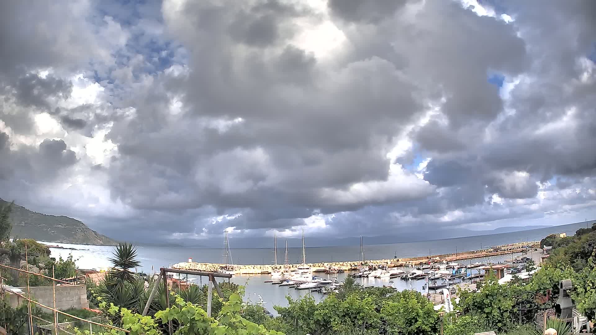 A harbor filled with boats is seen from a hillside under a mostly cloudy sky.