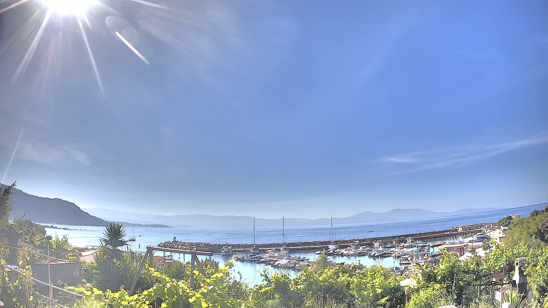 A sunny day reveals a harbor filled with boats, nestled between a verdant hillside and a calm sea under a mostly clear sky.