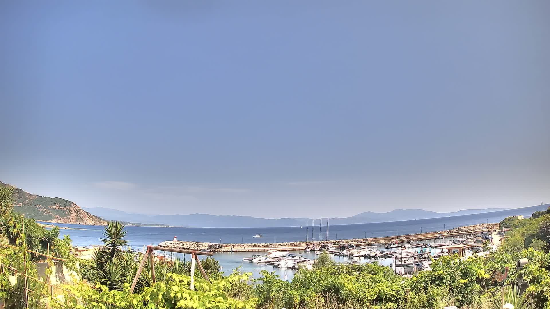 A marina filled with boats is nestled between a hillside and calm blue water under a clear, bright sky.