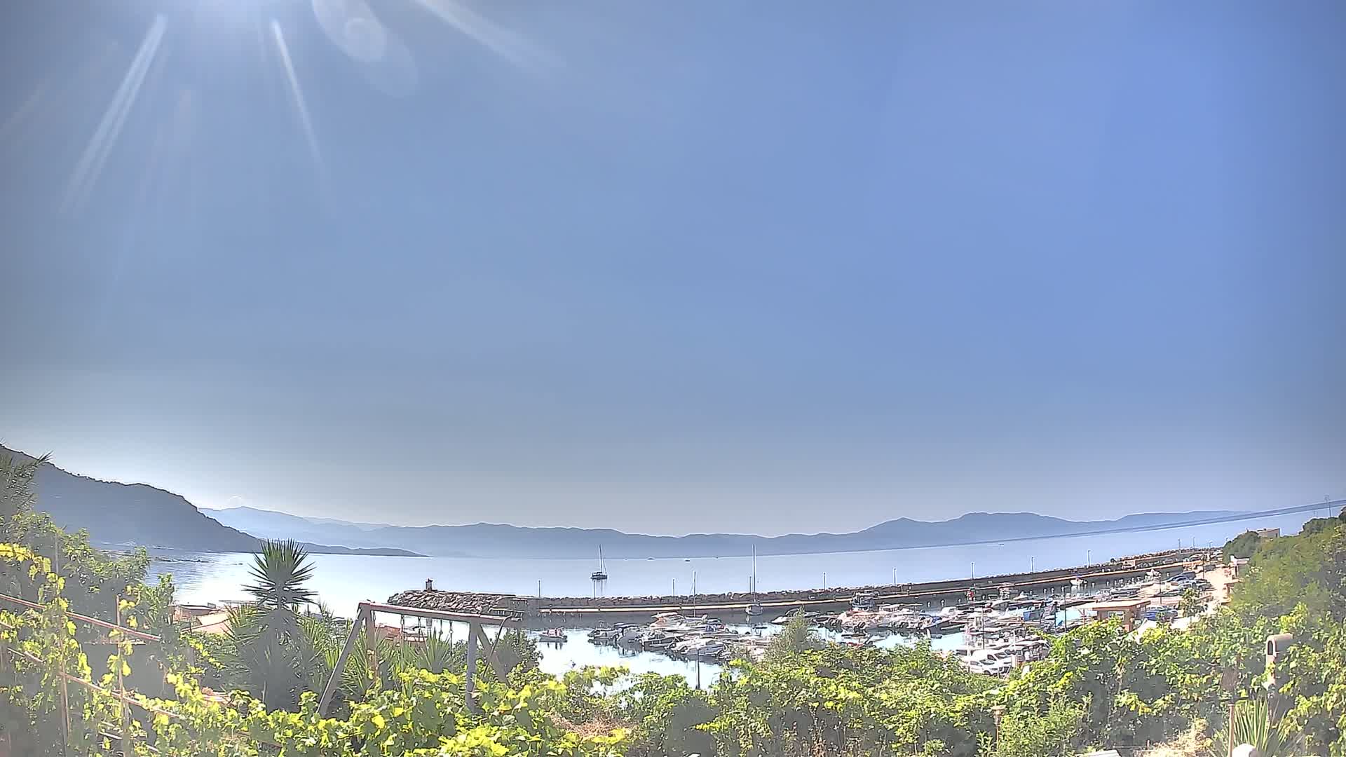 A sunny day reveals a marina filled with boats, nestled between a hillside covered in greenery and a calm bay under a clear blue sky.