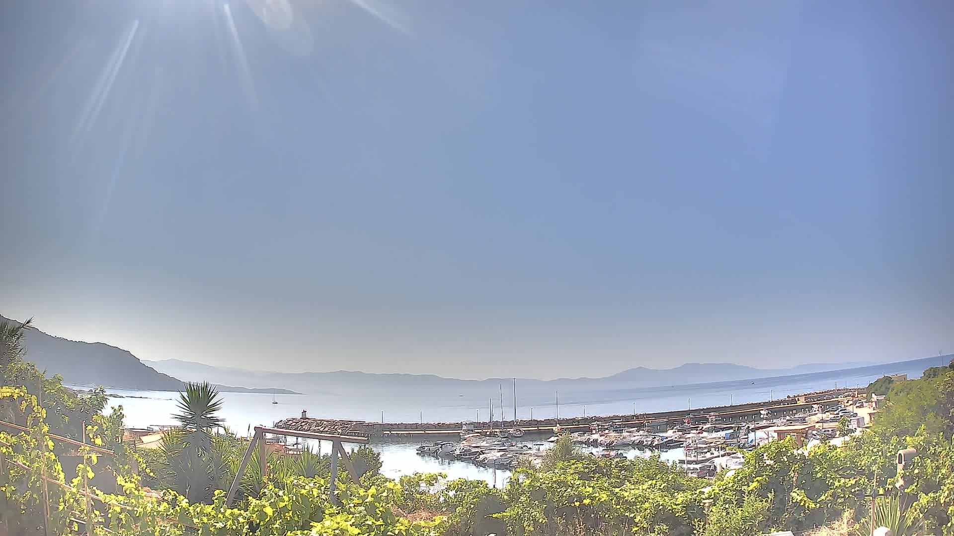 A sunny day reveals a harbor filled with boats, nestled between a hillside and calm, distant waters under a clear sky.