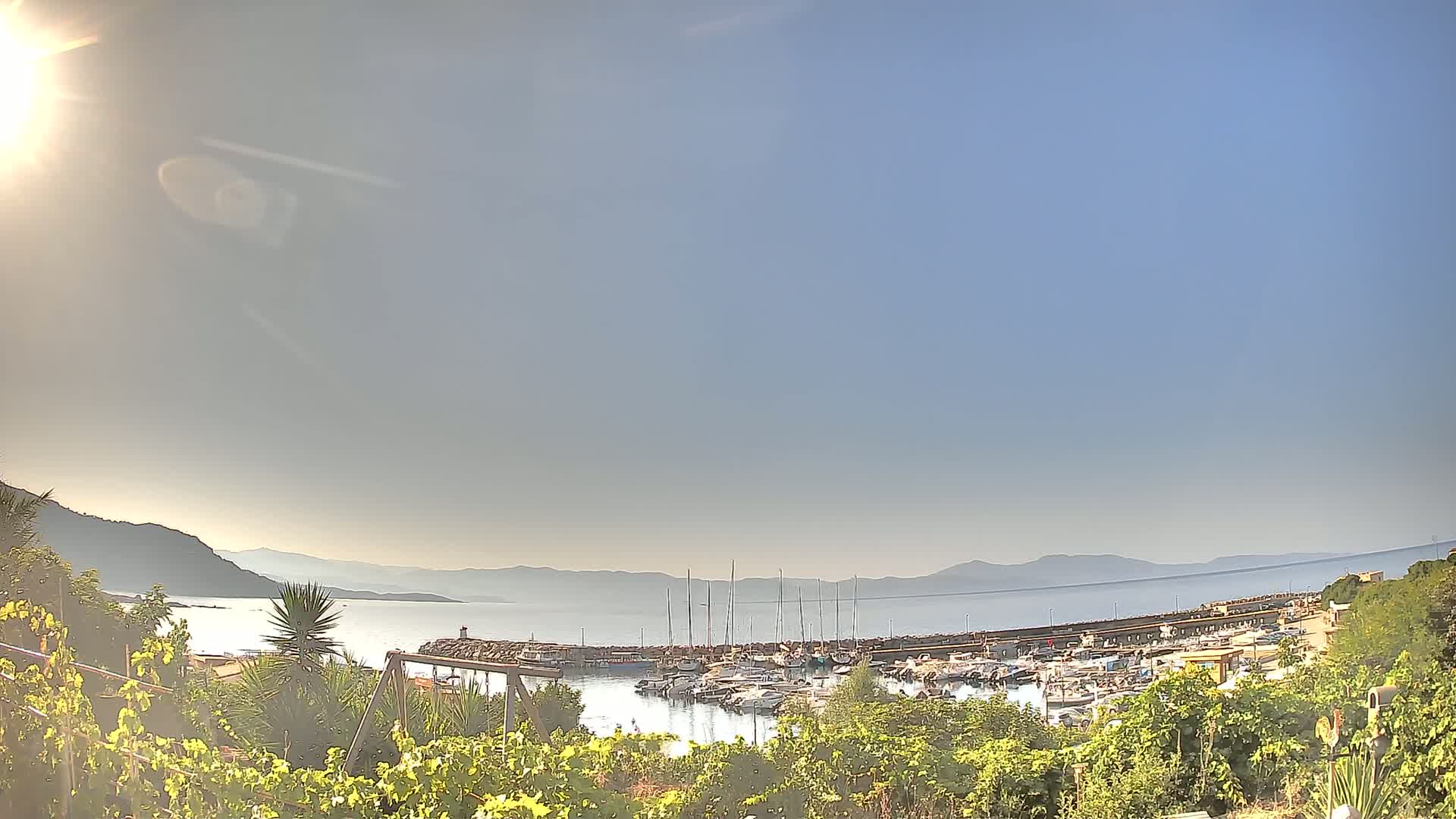 A sunny day overlooks a calm bay filled with boats, mountains in the distance, and vegetation in the foreground.