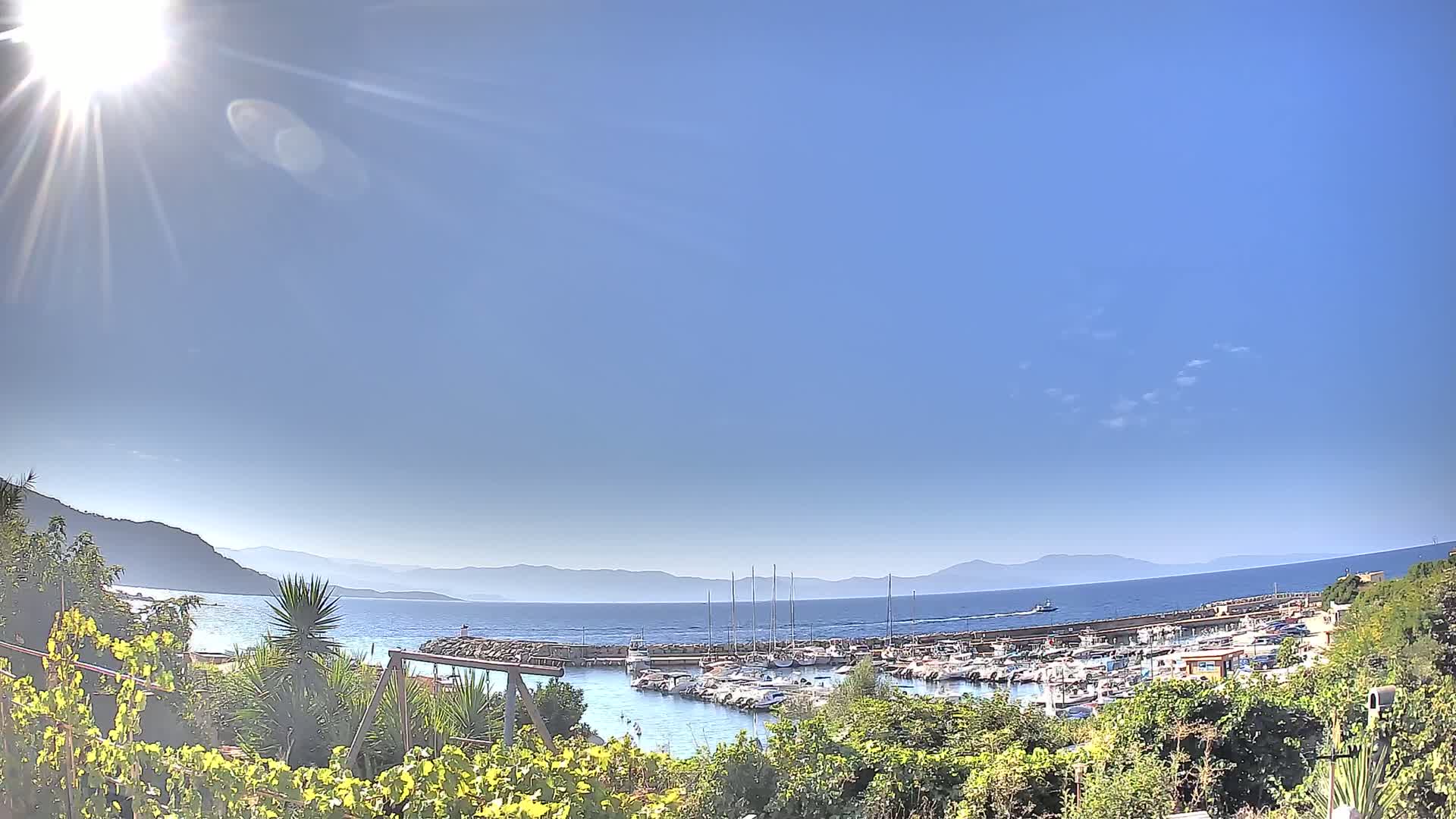A sunny day overlooking a harbor filled with boats, nestled between a verdant hillside and a calm sea with distant mountains.