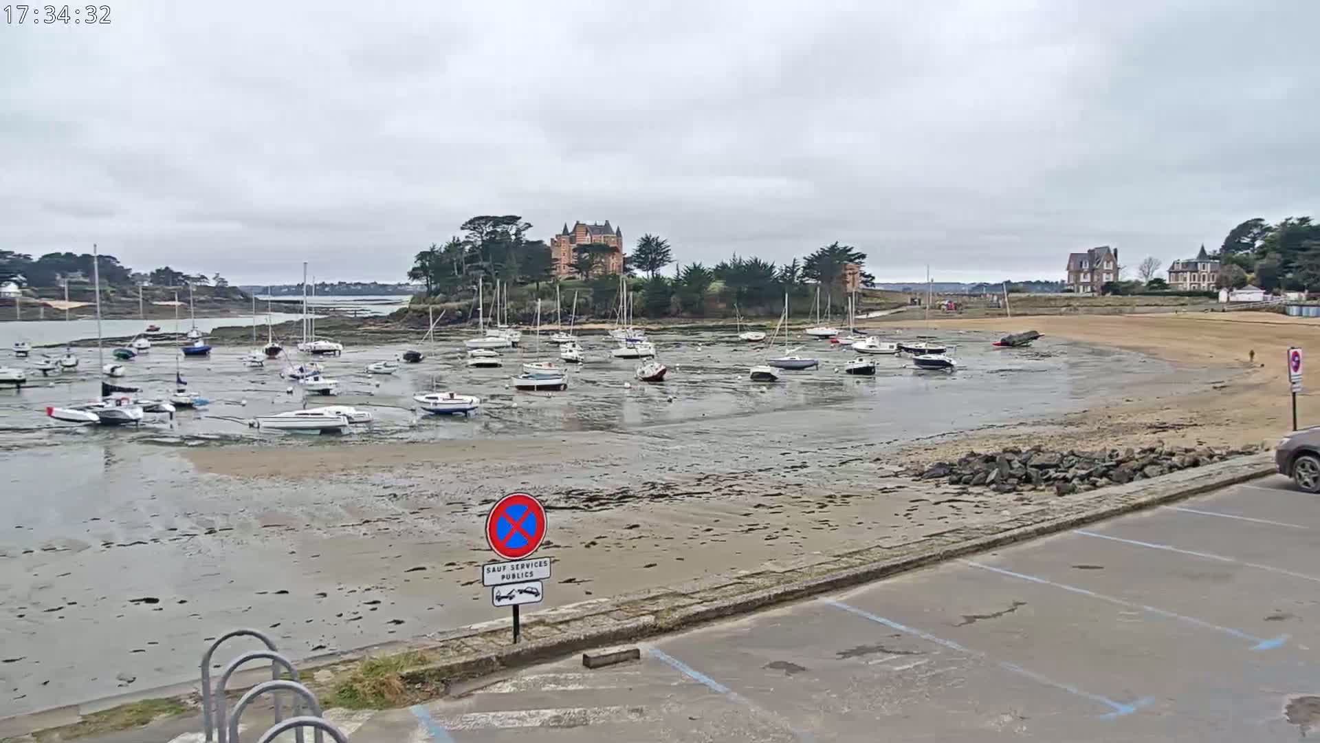 Numerous sailboats are grounded on a tidal flat near a shoreline with buildings and trees under an overcast sky.