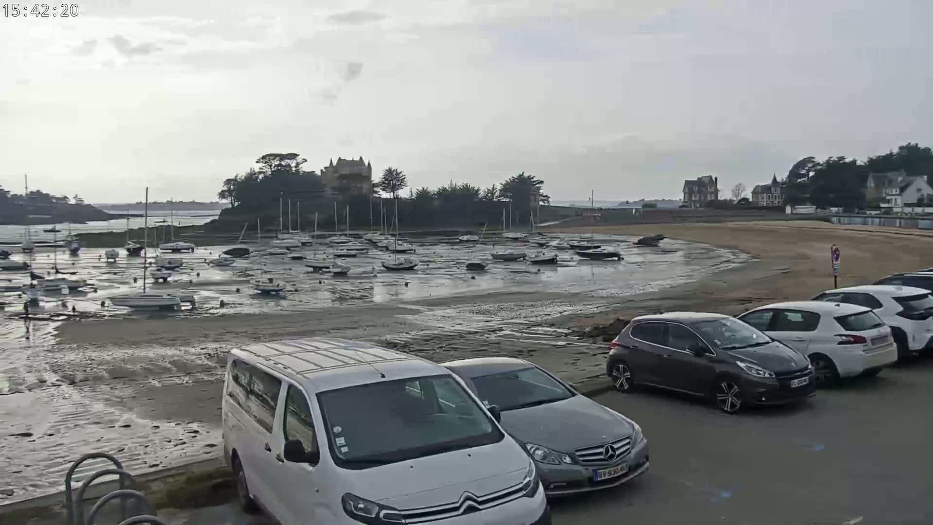 Numerous sailboats are grounded on a sandy shore at low tide under an overcast sky, with several cars parked nearby.