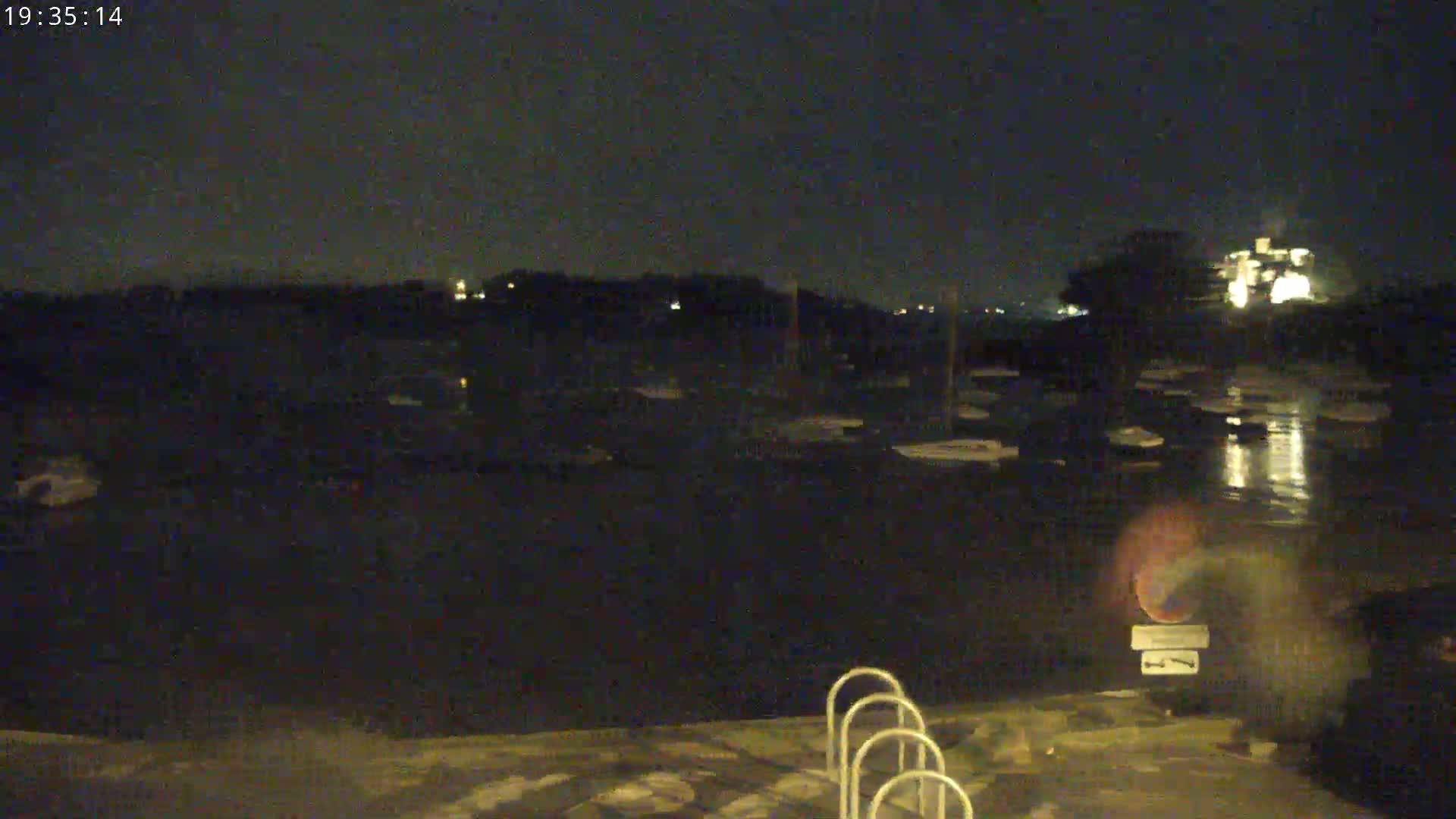 A nighttime view of a calm body of water with numerous boats docked, seen from a waterfront area with a ladder-like structure.