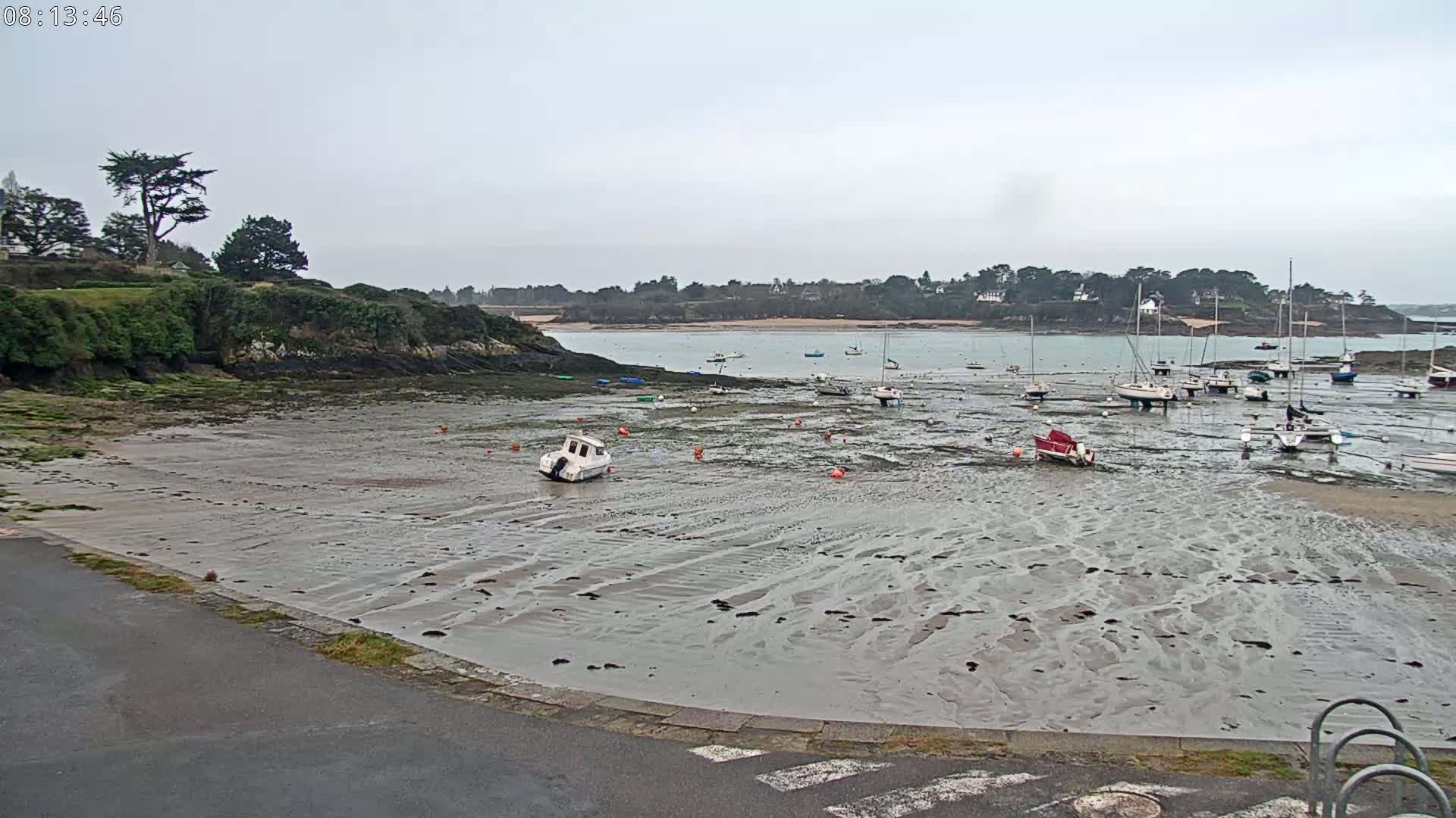 A mostly exposed sandy harbor with numerous small boats sits at low tide under an overcast sky.
