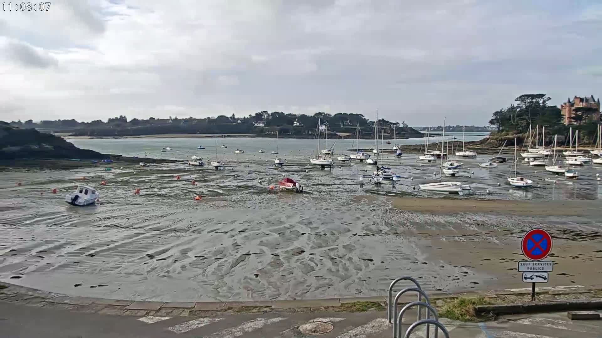 Many sailboats are grounded on a tidal flat in a calm harbor under an overcast sky.