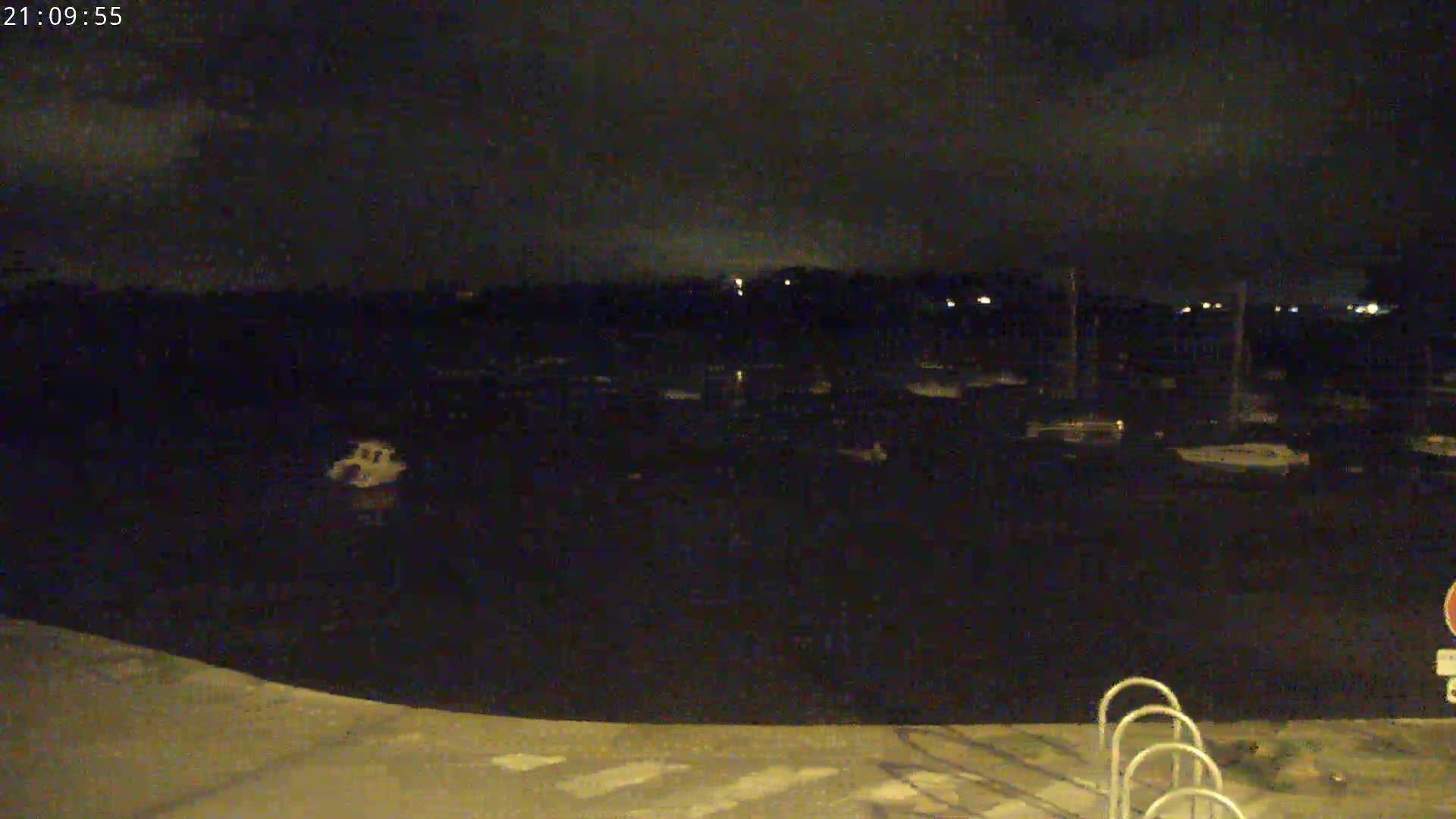 A nighttime view of a dark body of water with numerous boats docked, under a cloudy sky.