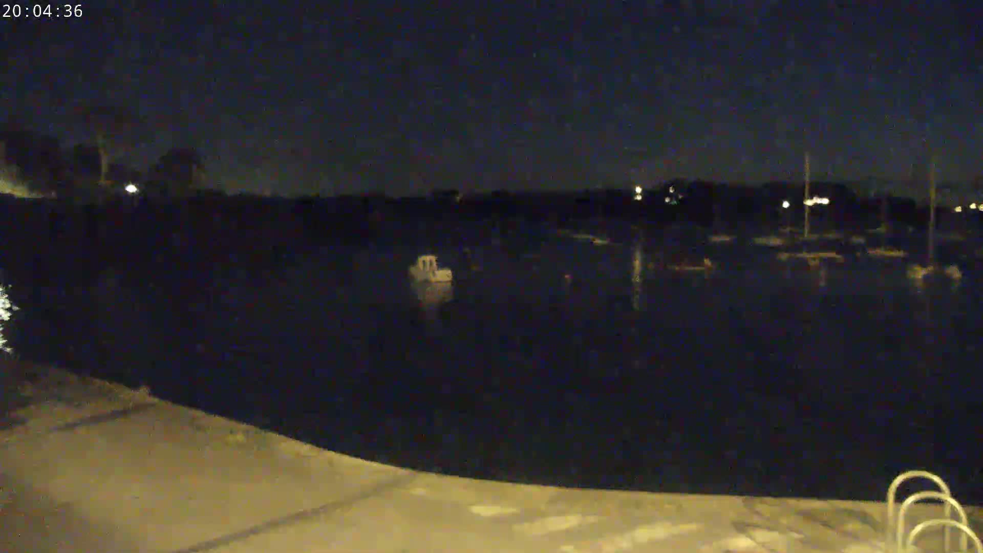 At night, a dark body of water with several boats moored and one small boat in the center is visible from a slightly elevated vantage point near a shoreline with a pool ladder.