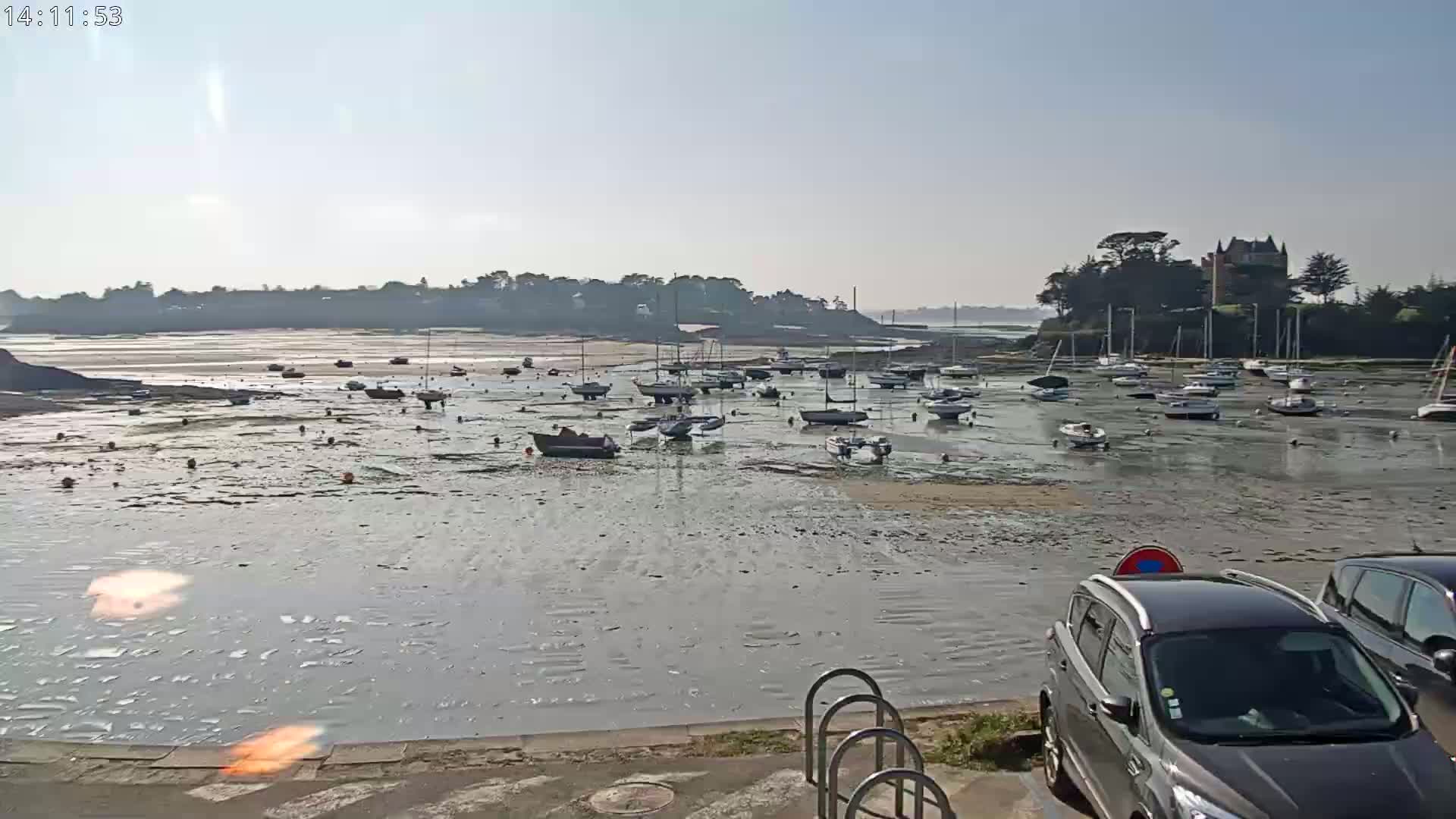 Many small boats are grounded in a harbor at low tide under a mostly clear sky.