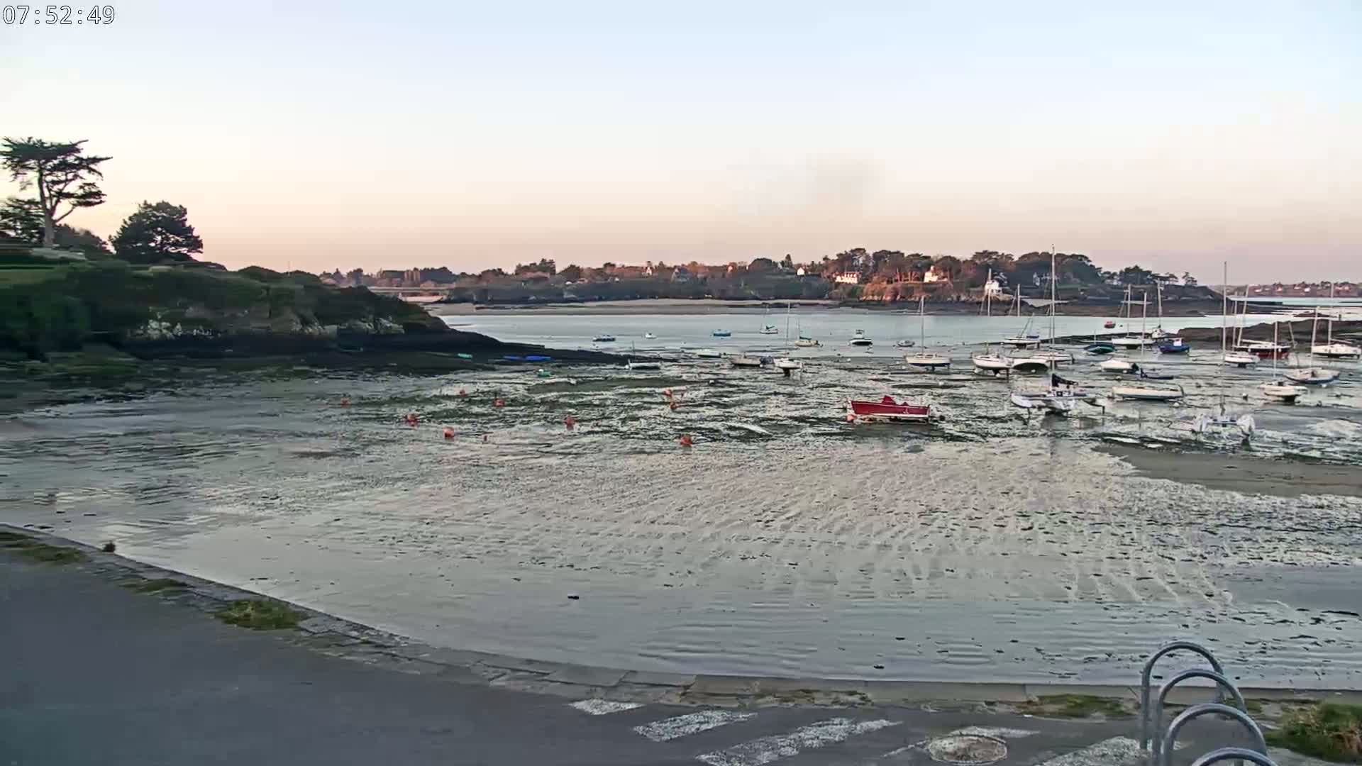 Many sailboats and small motorboats are grounded on a tidal flat at low tide, under a pale sunrise sky.