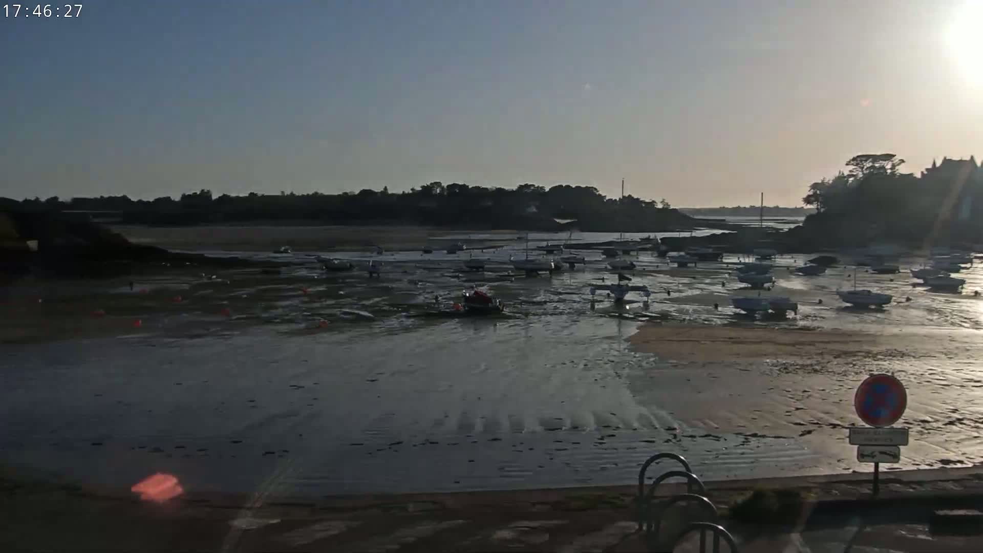 Numerous boats sit on exposed mudflats in a calm harbor at low tide, under a clear, pale sky.