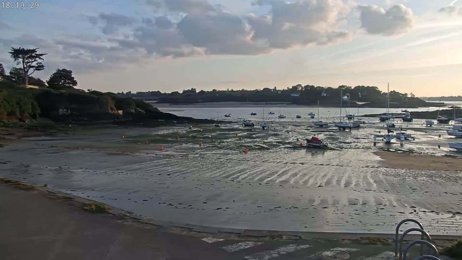 Many sailboats are moored in a calm bay at low tide under a partly cloudy sky.