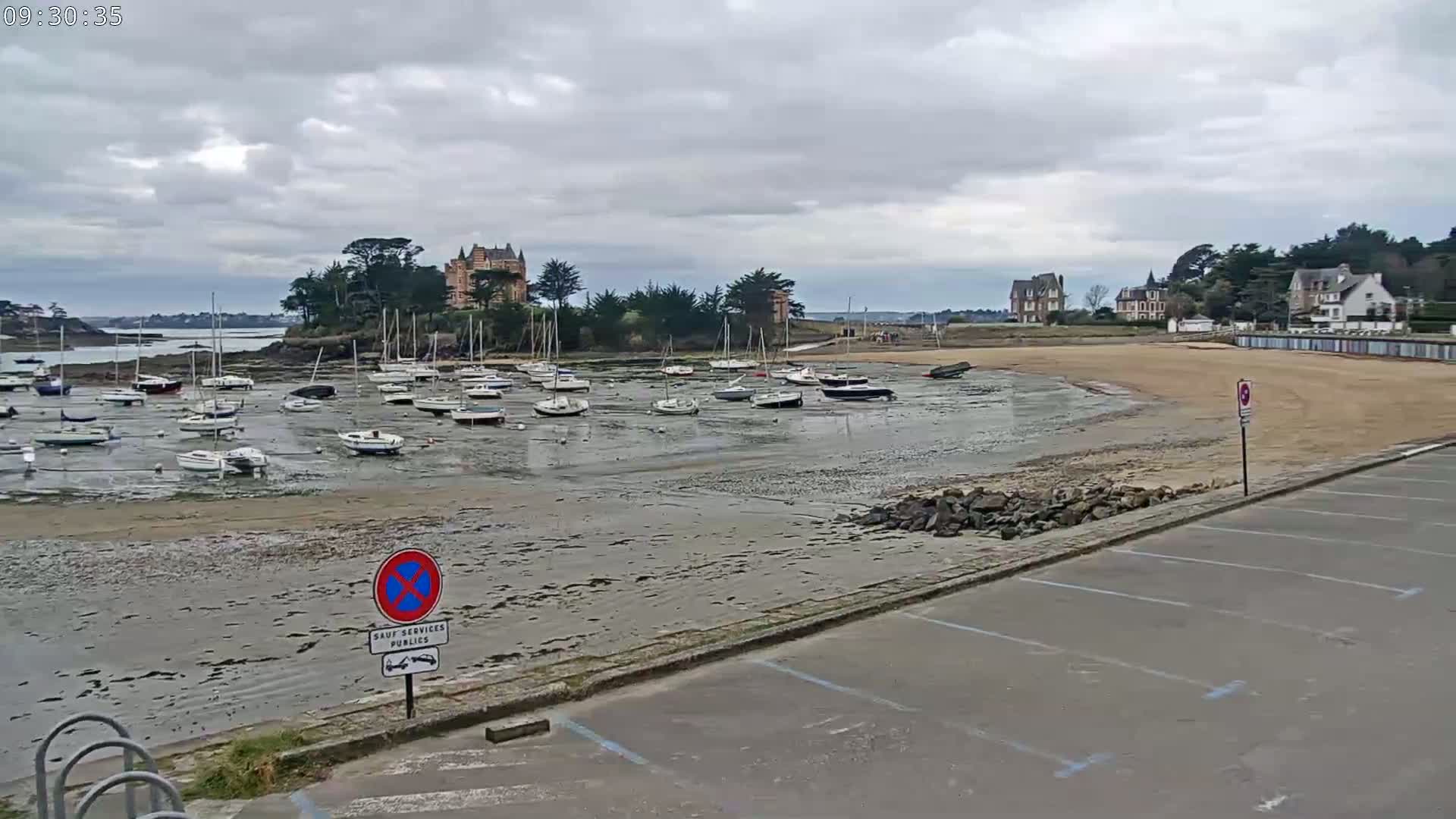 Numerous sailboats are grounded on a wide, exposed, sandy seabed near a shoreline with buildings and a parking lot under an overcast sky.