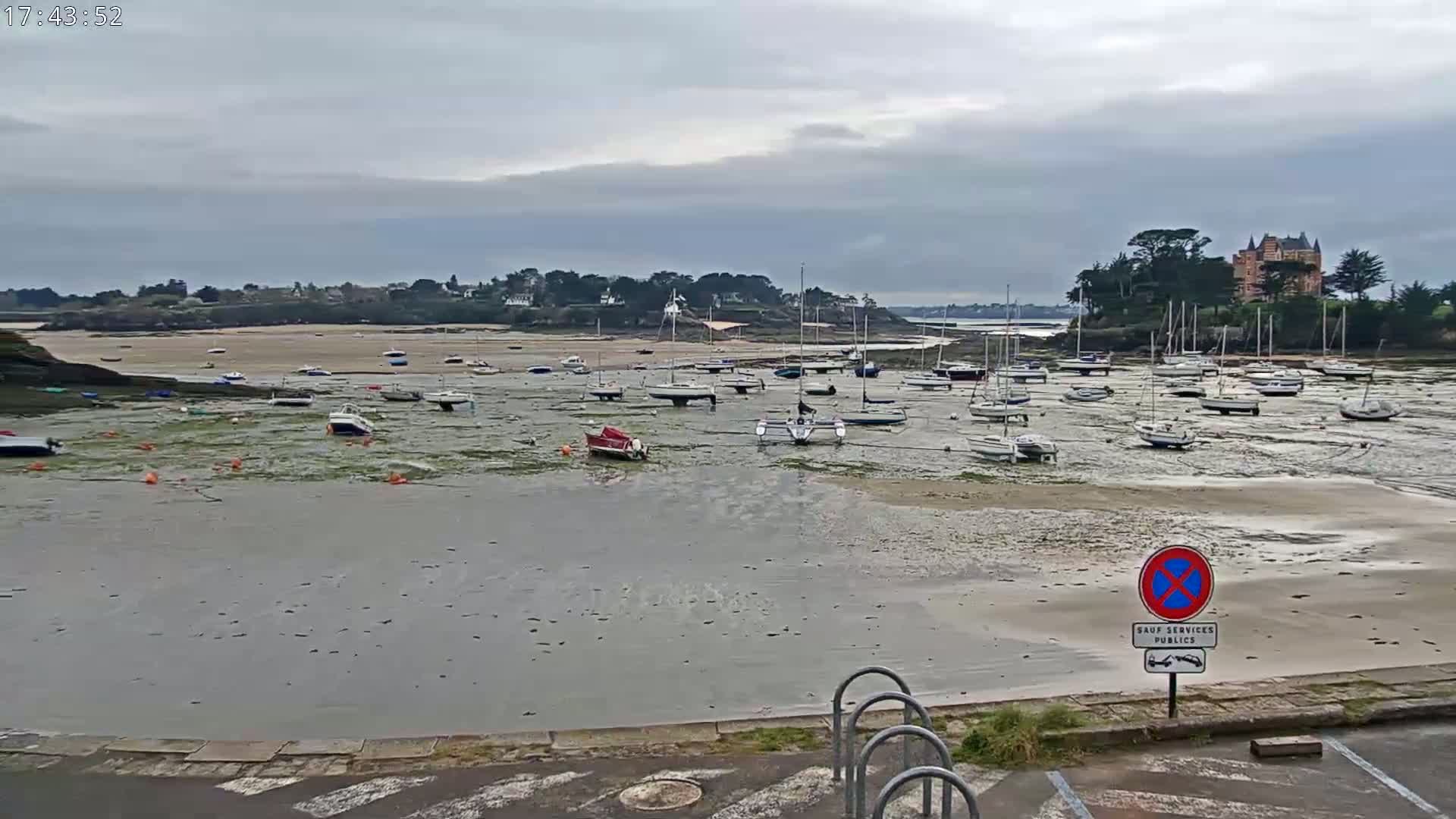 Numerous sailboats are grounded on a tidal flat in a harbor under an overcast sky.