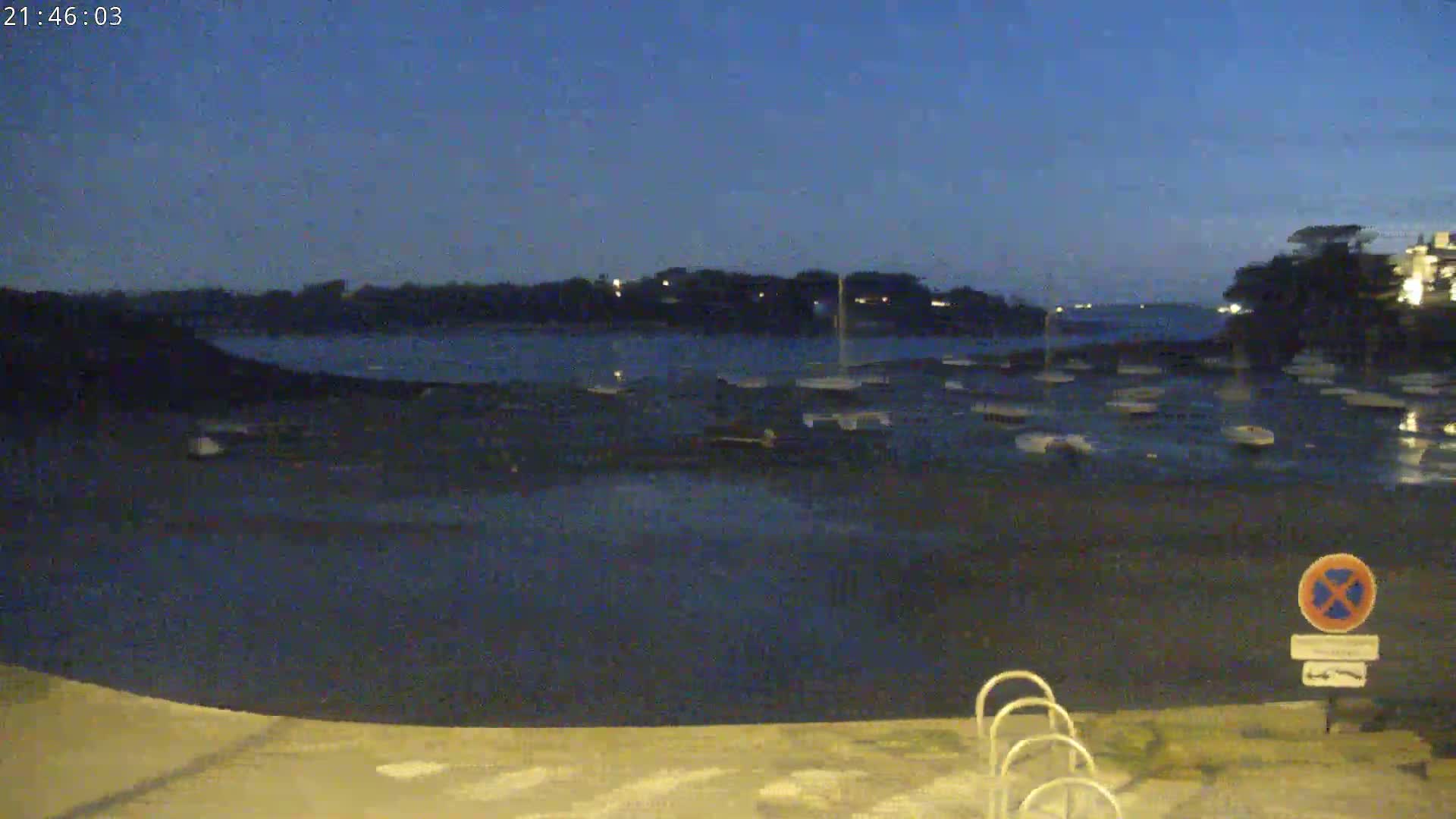 Under a dark blue twilight sky, numerous boats are moored in calm water near a shoreline with a paved area.