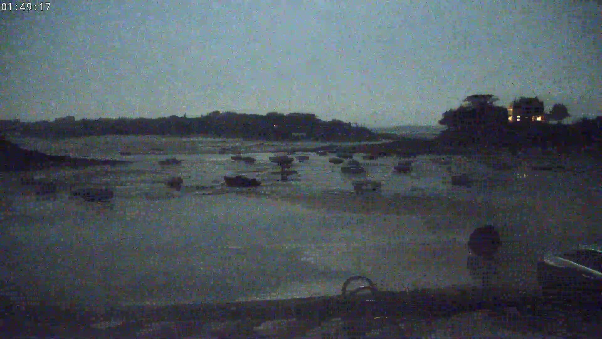 Many small boats are moored in a calm, dark body of water under a twilight sky.
