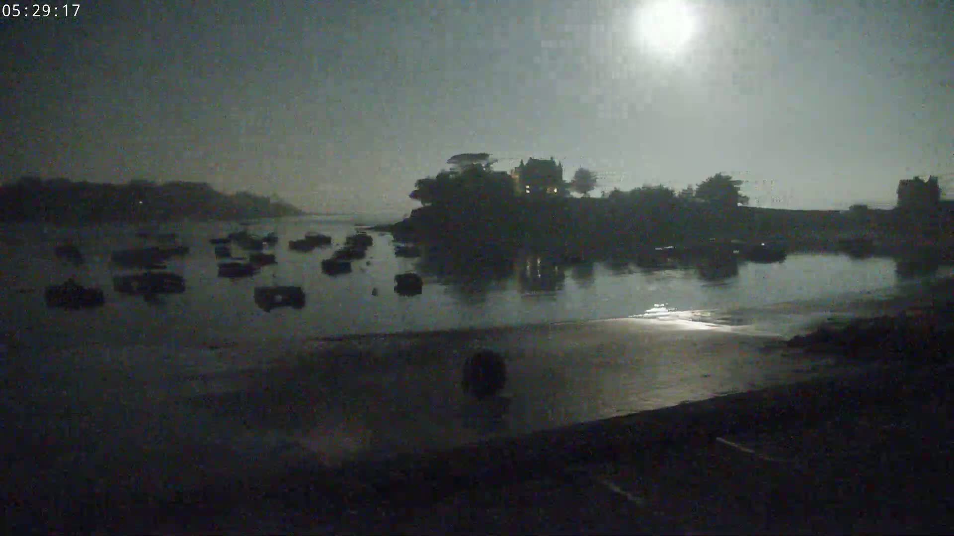 A moonlit night scene shows a calm body of water with numerous dark boats at anchor near a small, dark island containing a building, under a hazy sky.
