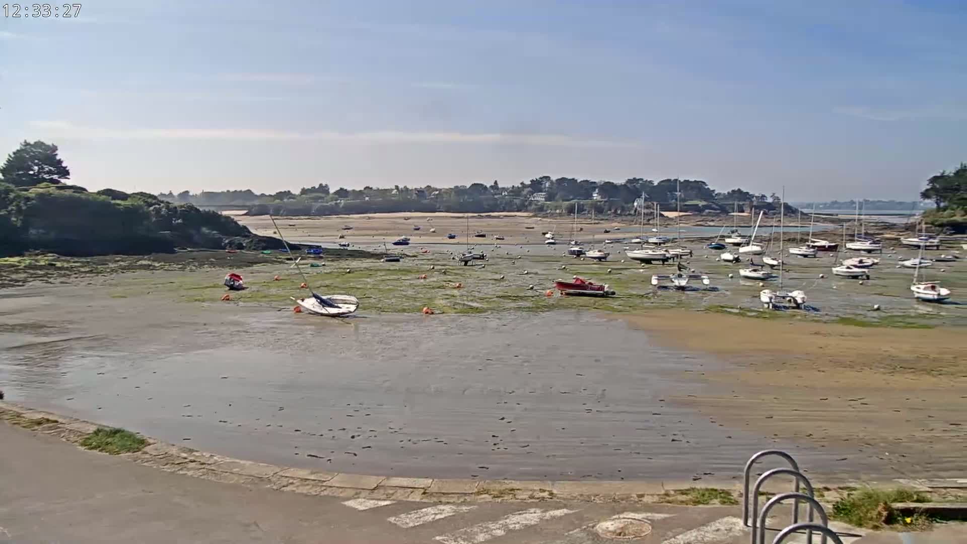 Numerous boats are grounded on a sandy, seaweed-covered tidal flat under a mostly sunny sky.