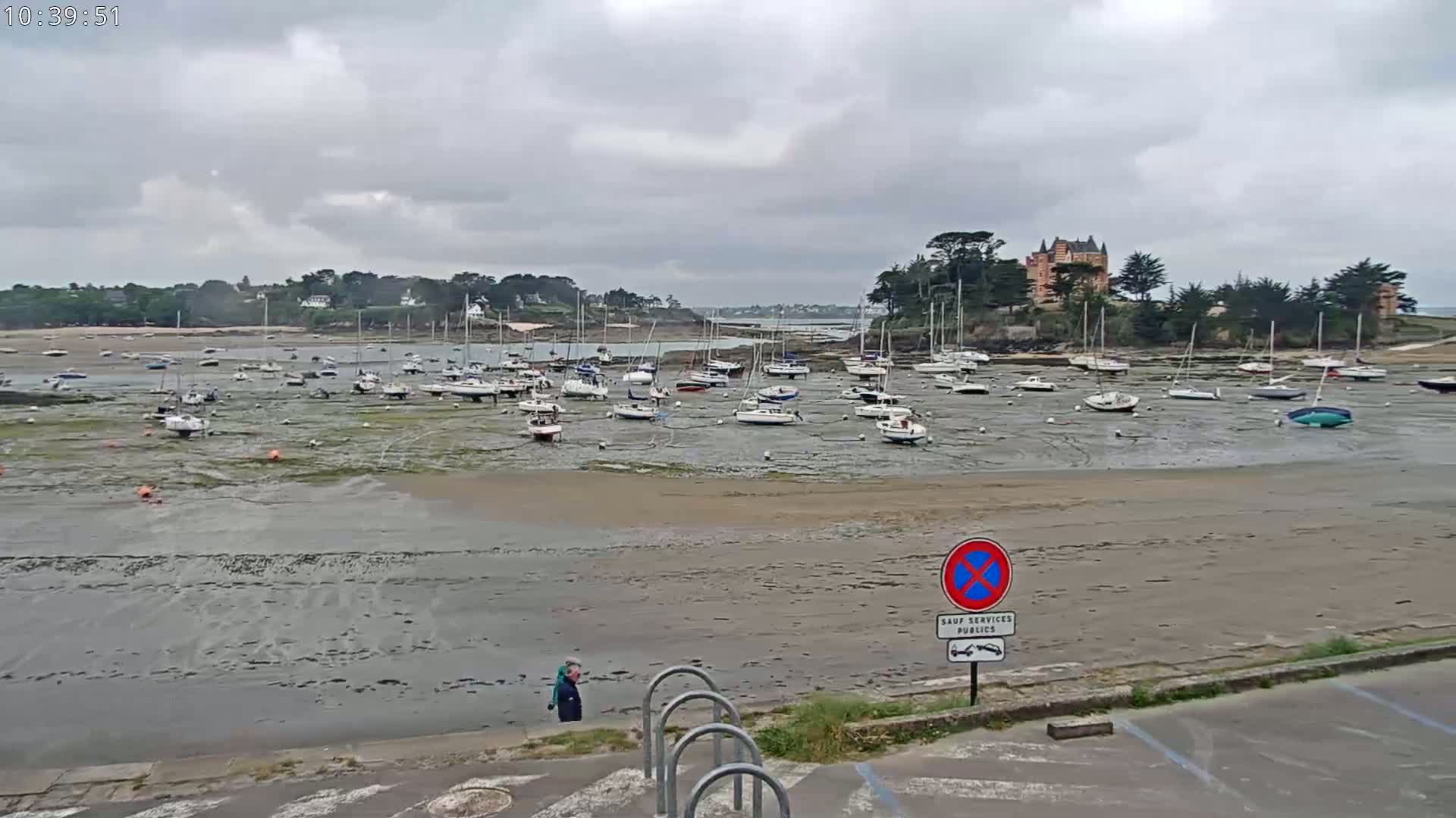 Numerous sailboats sit in a harbor at low tide under an overcast sky.