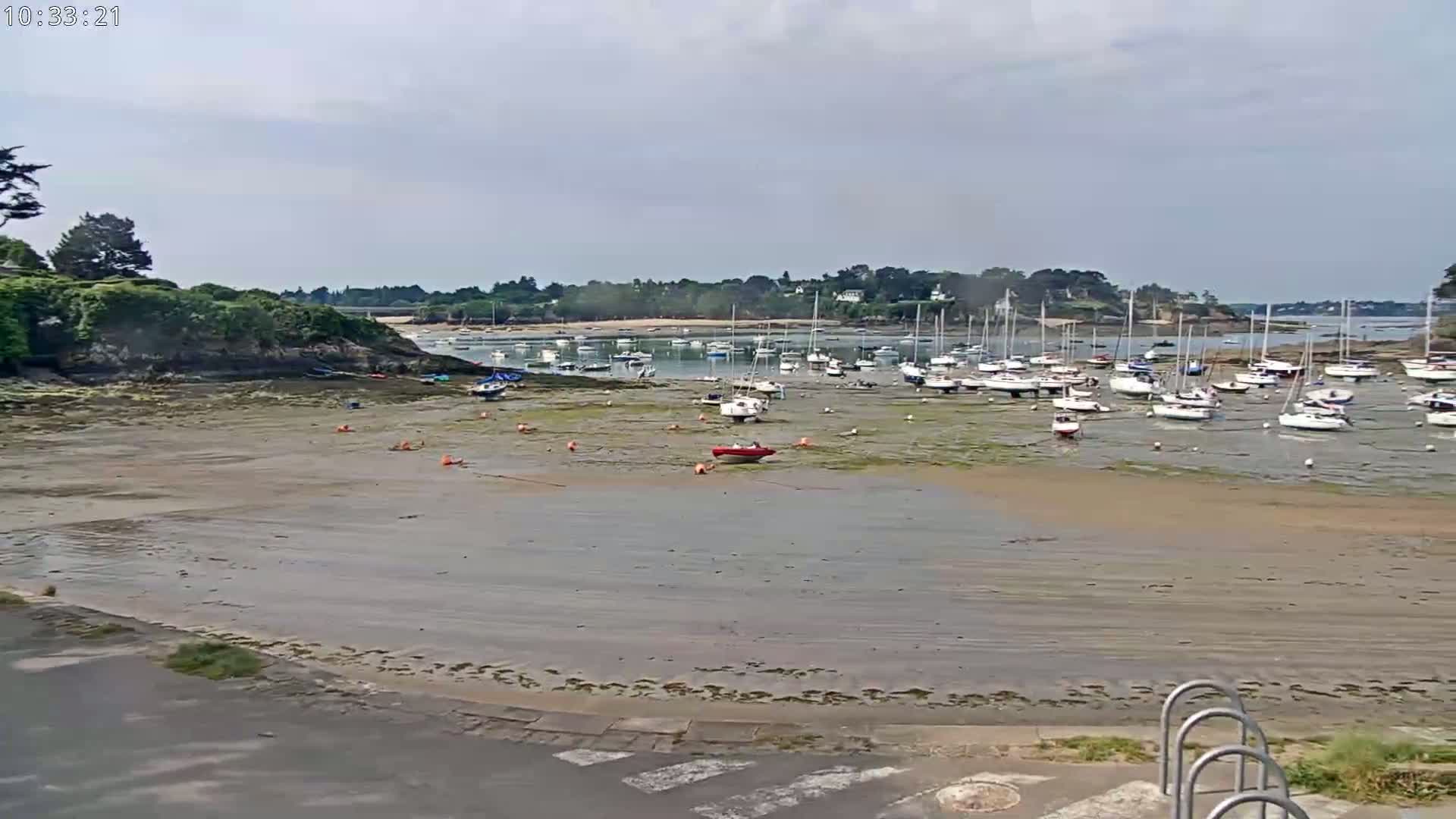 Many sailboats are grounded in a shallow, muddy harbor under a mostly cloudy sky.