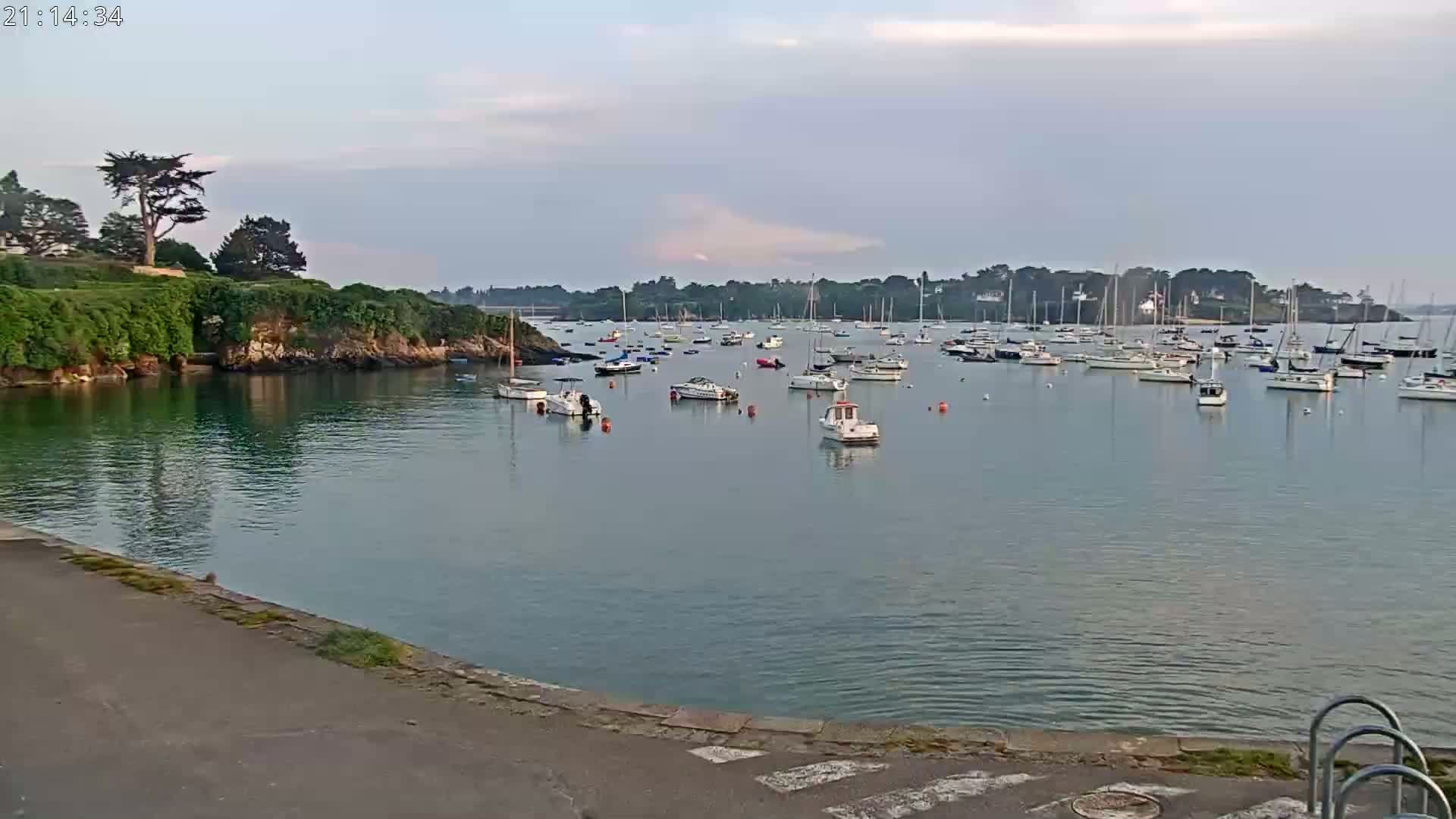 Numerous boats are moored in a calm harbor, nestled between a rocky shoreline and a tree-lined hillside under a mostly cloudy sky.