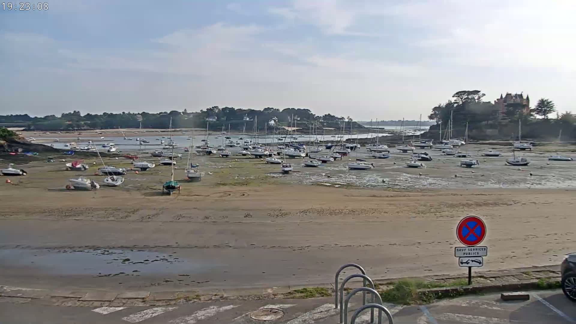Many sailboats sit on a sandy shore at low tide under a mostly clear sky.