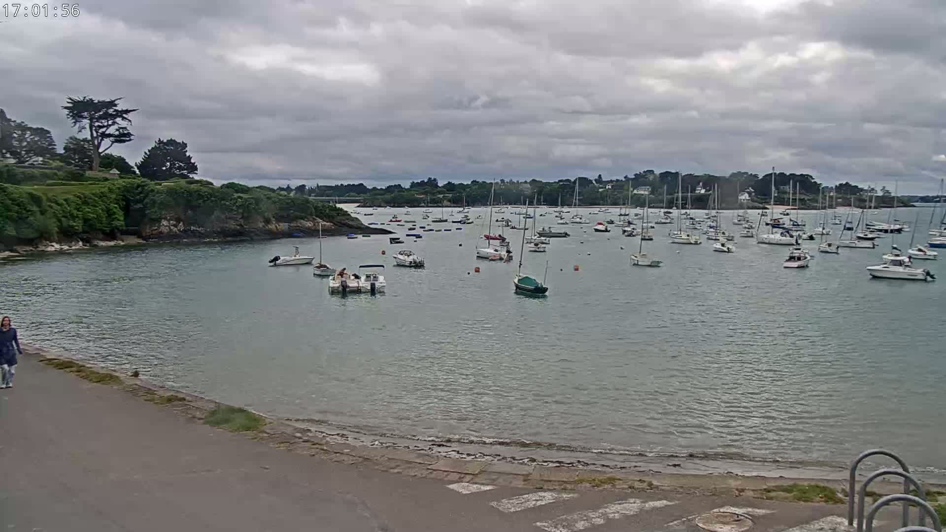 A calm bay filled with numerous sailboats and motorboats under an overcast sky is viewed from a shoreline where a person walks along a paved path.