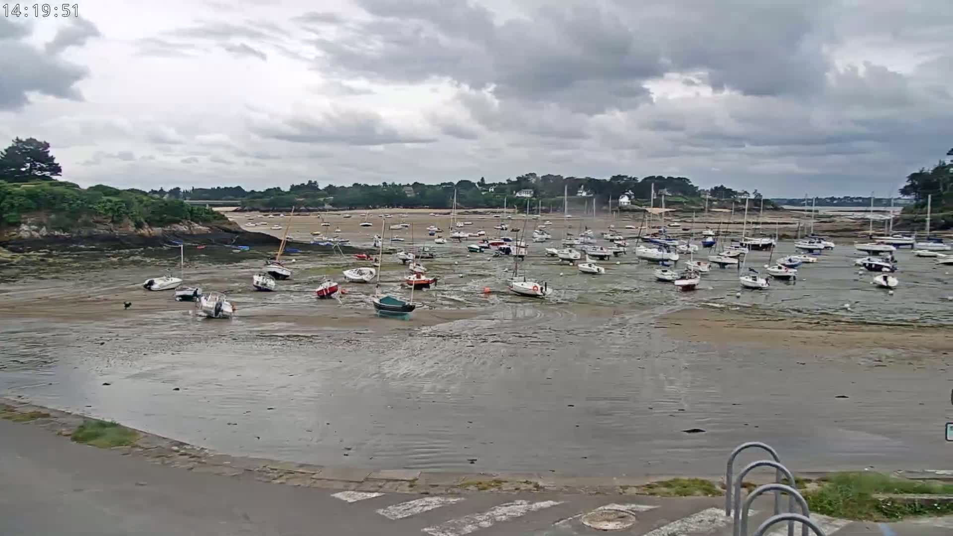 Numerous sailboats are grounded on a sandy seabed at low tide under a cloudy sky.