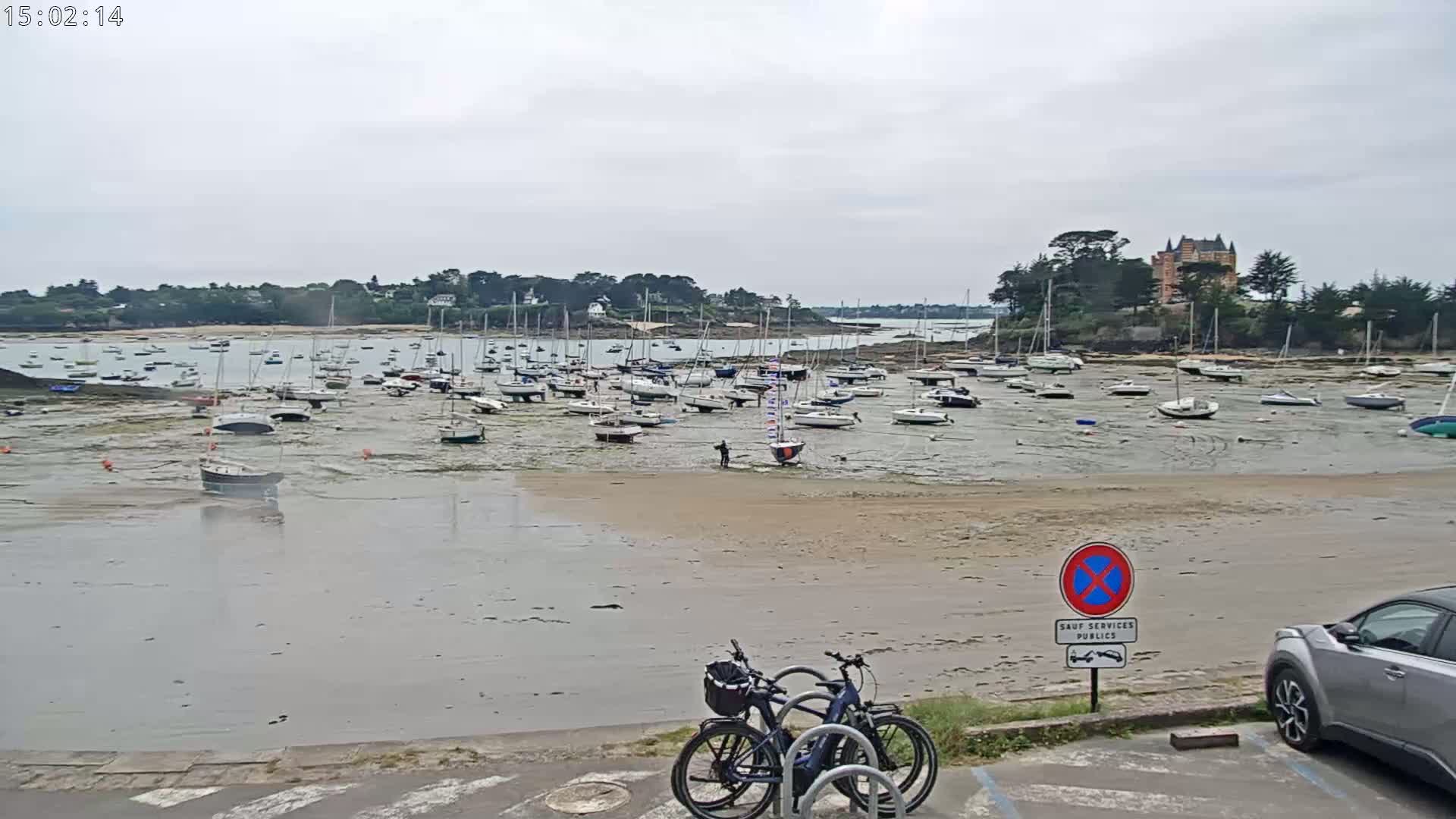 Numerous sailboats are grounded on a tidal flat in front of a waterfront area with a château visible in the distance under an overcast sky.