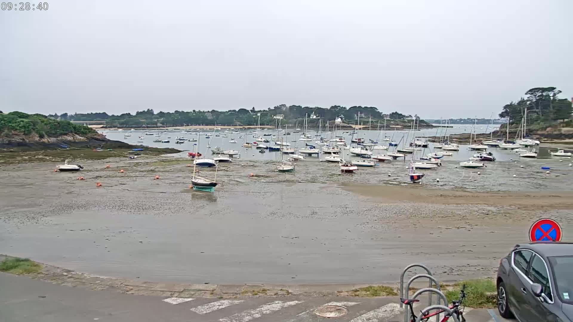 Many sailboats are grounded on a tidal flat in a calm, overcast harbor, near a roadway and some bike racks.