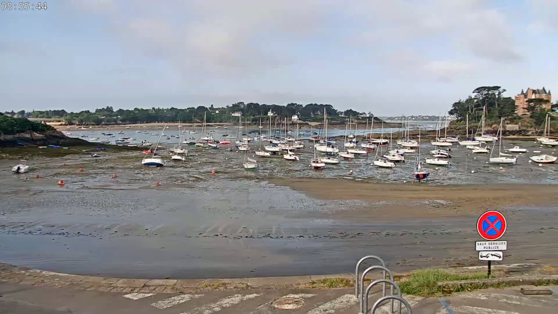 Numerous sailboats are grounded on a sandy, low-tide harbor under a mostly clear sky.